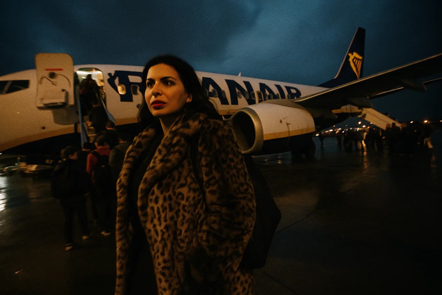En figur, der ligner Ruja Ignatova, iført en luksuriøs frakke, går ombord på et Ryanair-fly i Sofia Lufthavn blandt en travl aftenmængde, der fanger øjeblikket af hendes flugt før hendes forsvinden i 2017.
