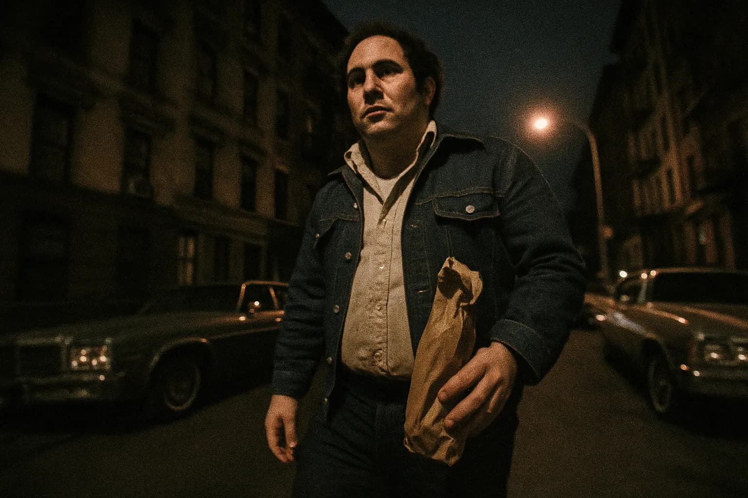 En skikkelse, der ligner David Berkowitz, står på en gade i New York, en .44 kaliber revolver i en brun papirpose klemt ved hans side, 1970'er biler står langs kantstenen.