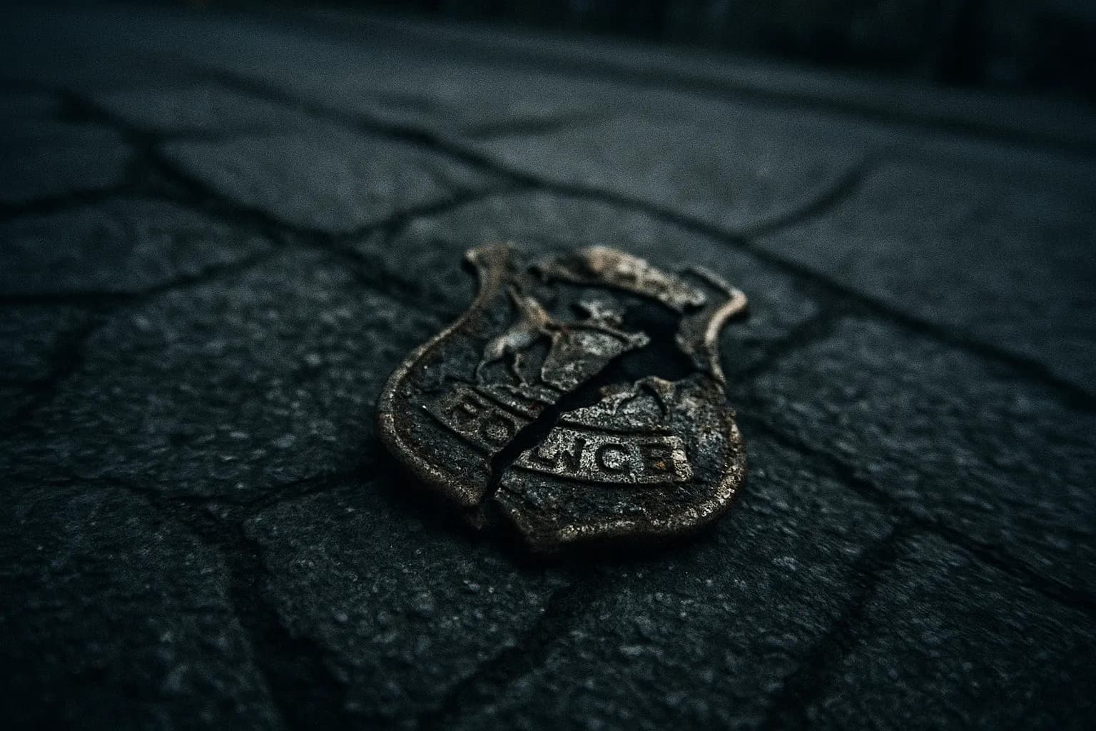En knækket, rusten politiskilt fra Detroit Politi ligger kasseret på et krakeleret fortov og symboliserer årtier med korruption og skandaler inden for afdelingen.