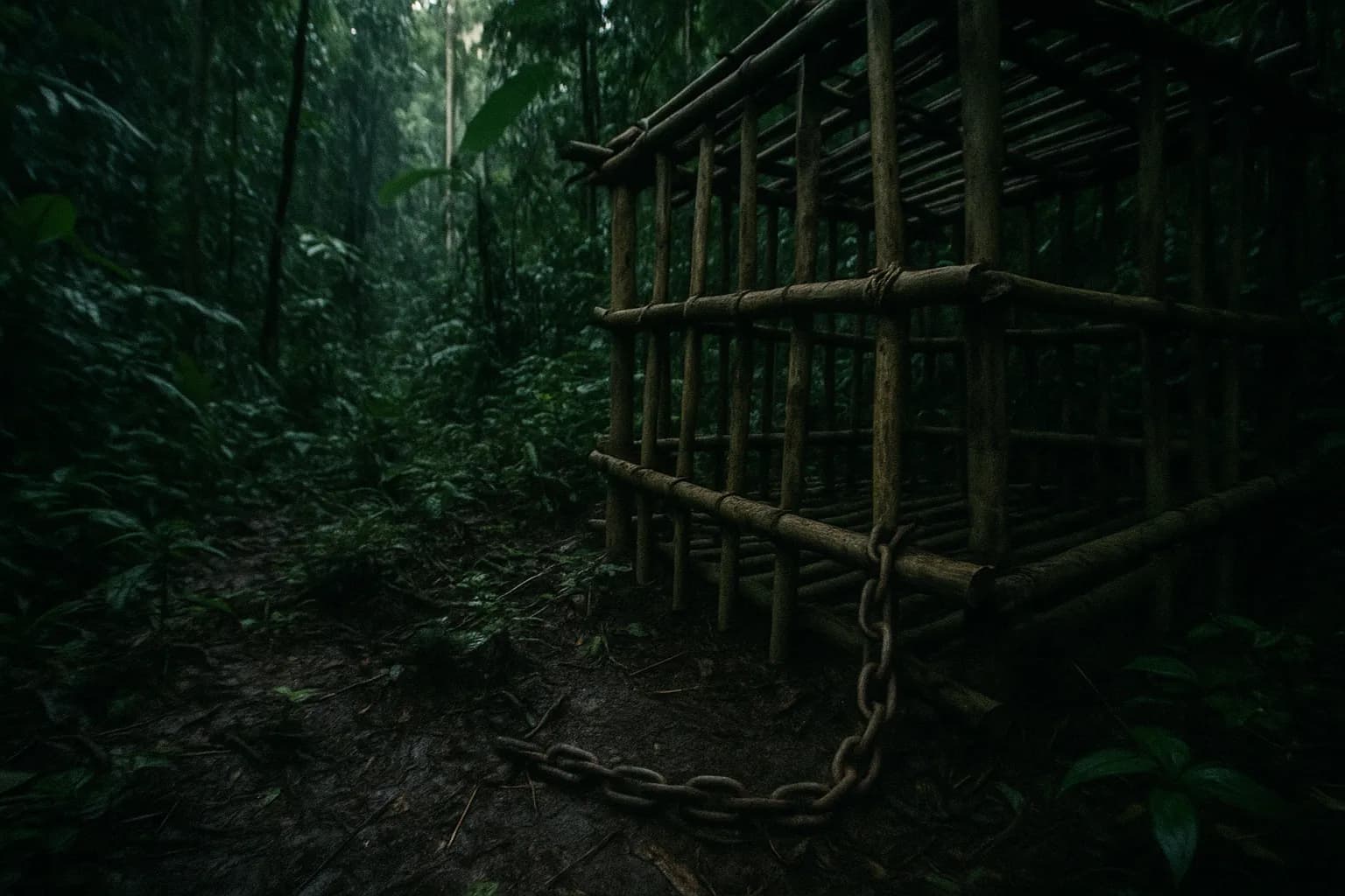 En tæt jungle i Laos med et improviseret bambusbur, kæder og jungleunderbevoksning, der fremhæver det barske miljø, hvor Dieter Dengler undslap fangenskab, og symboliserer hans kamp for overlevelse og modstandsdygtighed