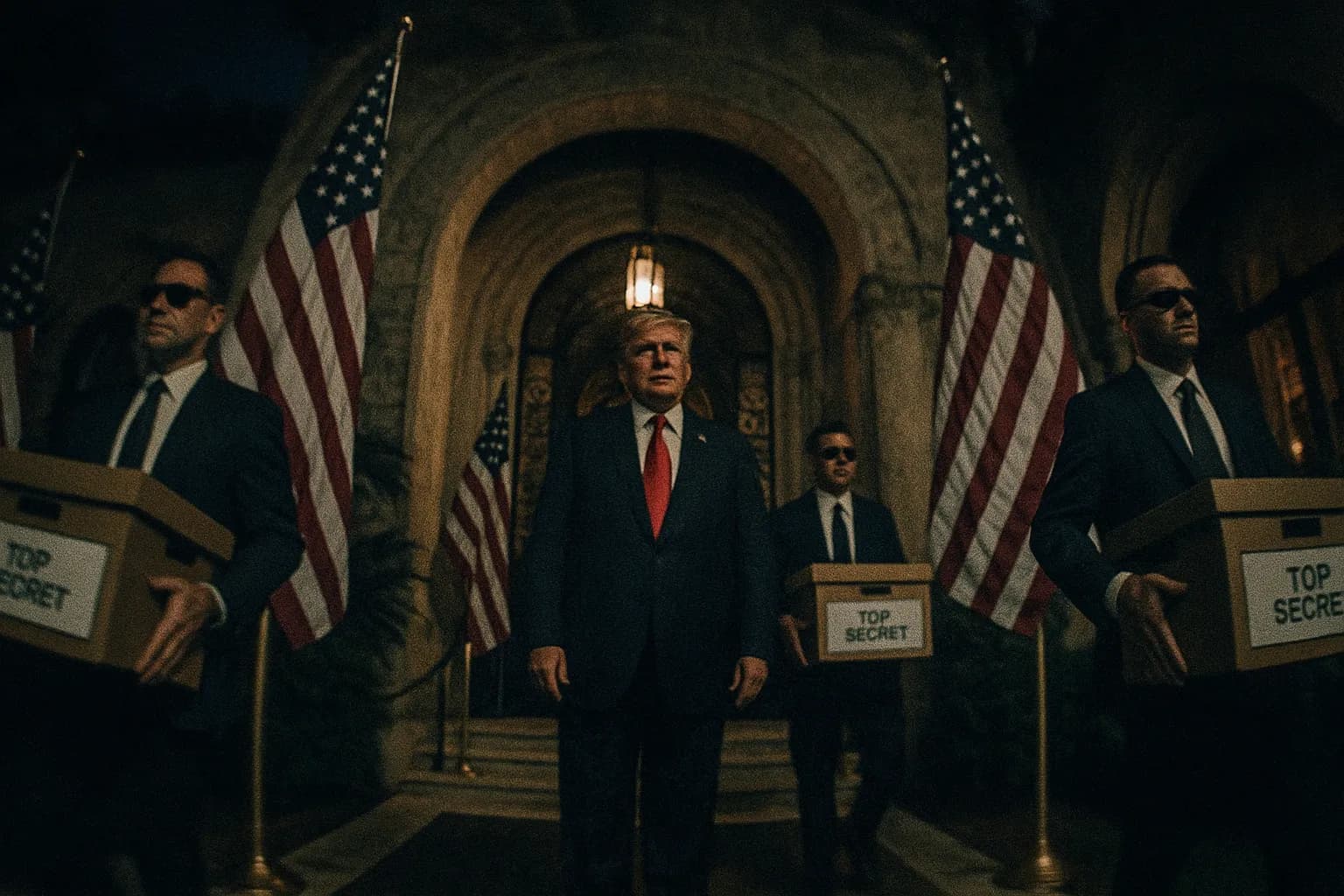 En figur, der ligner Donald Trump, står ved indgangen til Mar-a-Lago, flankeret af amerikanske flag, mens FBI-agenter i jakkesæt og solbriller bærer kasser mærket 'top-hemmelige dokumenter.'