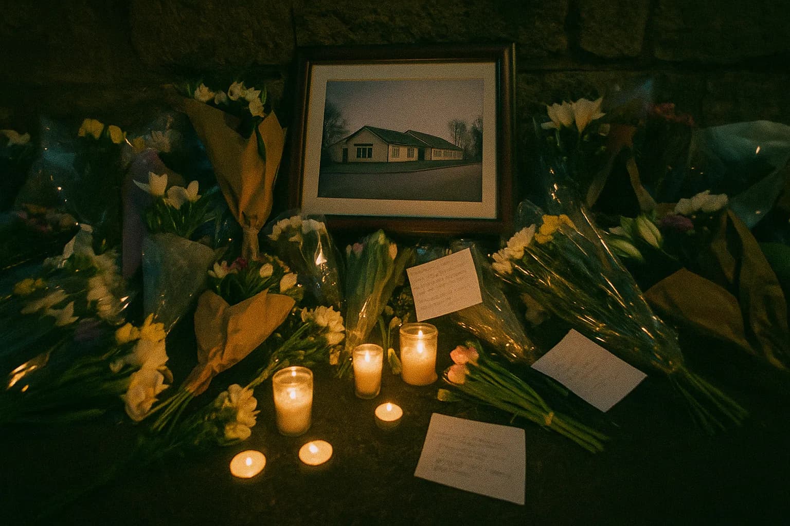 Et mindesmærke i Dunblane med blomster, stearinlys og håndskrevne noter ligger under et indrammet foto af skolen, der symboliserer samfundets sorg og Snowdrop-kampagnen for våbenreform.