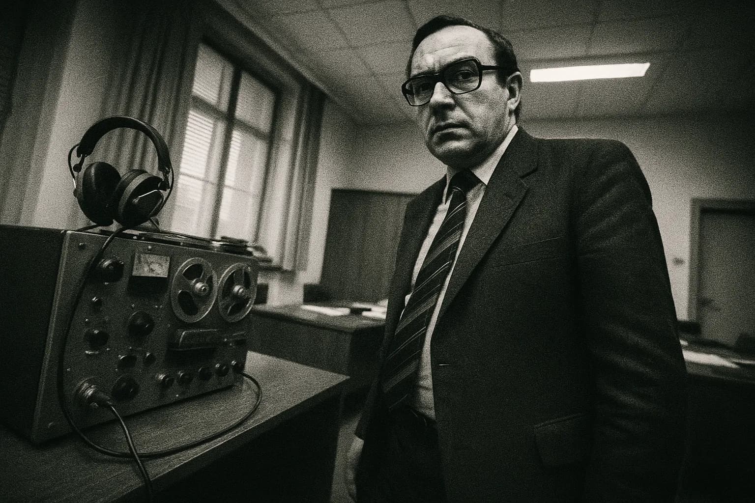 En skikkelse, der ligner Günter Guillaume, står nær en aflytningsenhed i et kontor, der minder om en regeringsbygning, hvilket afspejler hans hemmelige rolle som Stasi-spion.