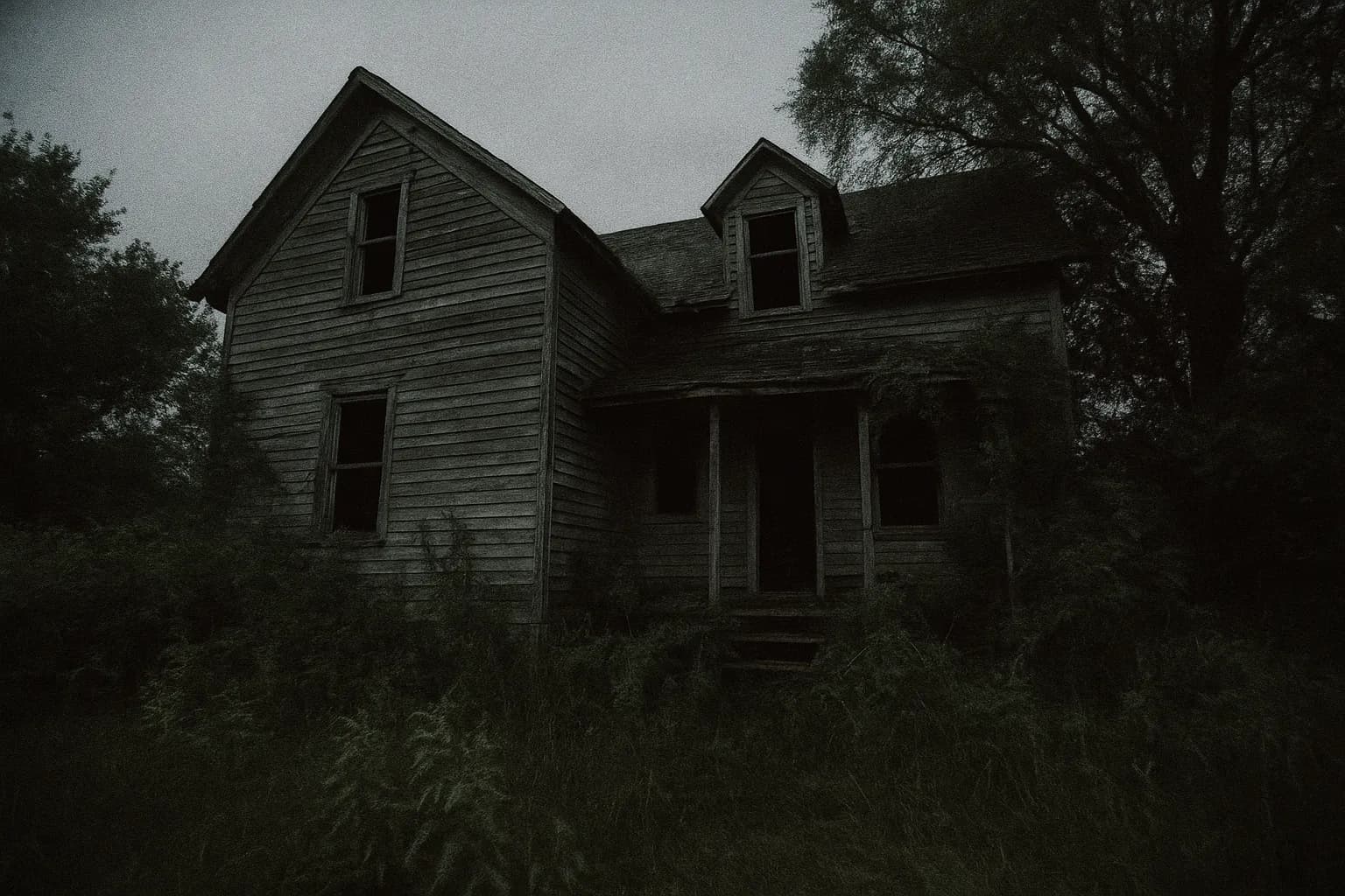 En forladt træbondegård i Plainfield, Wisconsin, dens ydre vejrbidt og uhyggeligt, omgivet af tæt, tilgroet løv.