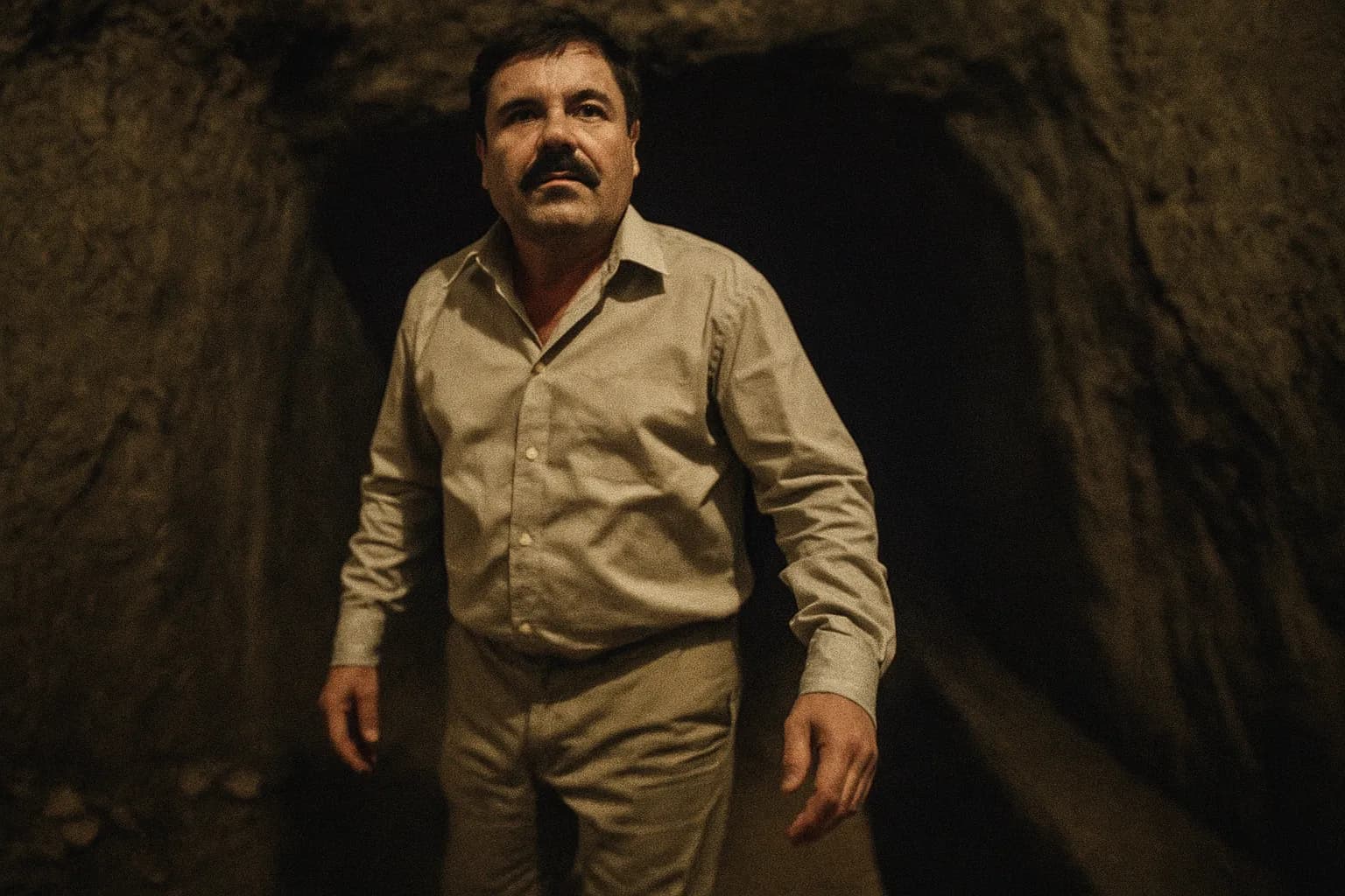 En skikkelse, der ligner El Chapo, står foran en dyb, svagt oplyst tunnel, der symboliserer den berygtede fængselsflugt i 2015.