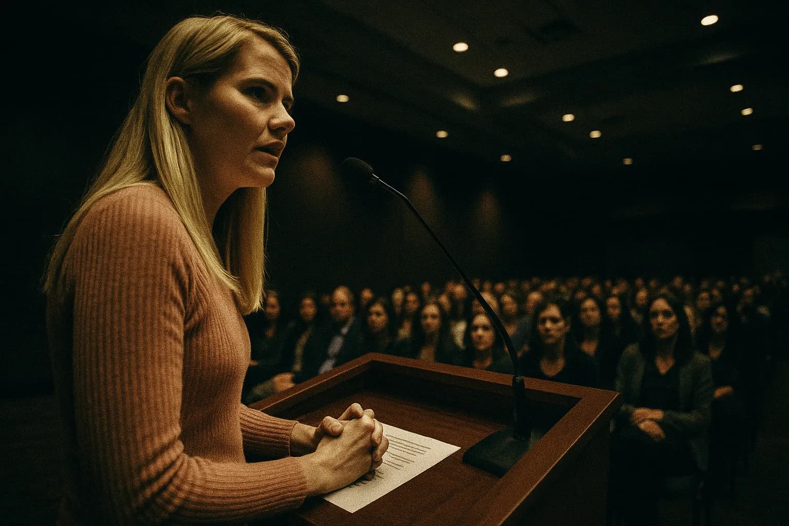 En person, der ligner Elizabeth Smart, nu voksen, taler ved en talerstol under en konference om offerstøtte, omgivet af et opmærksomt publikum i et svagt oplyst auditorium.