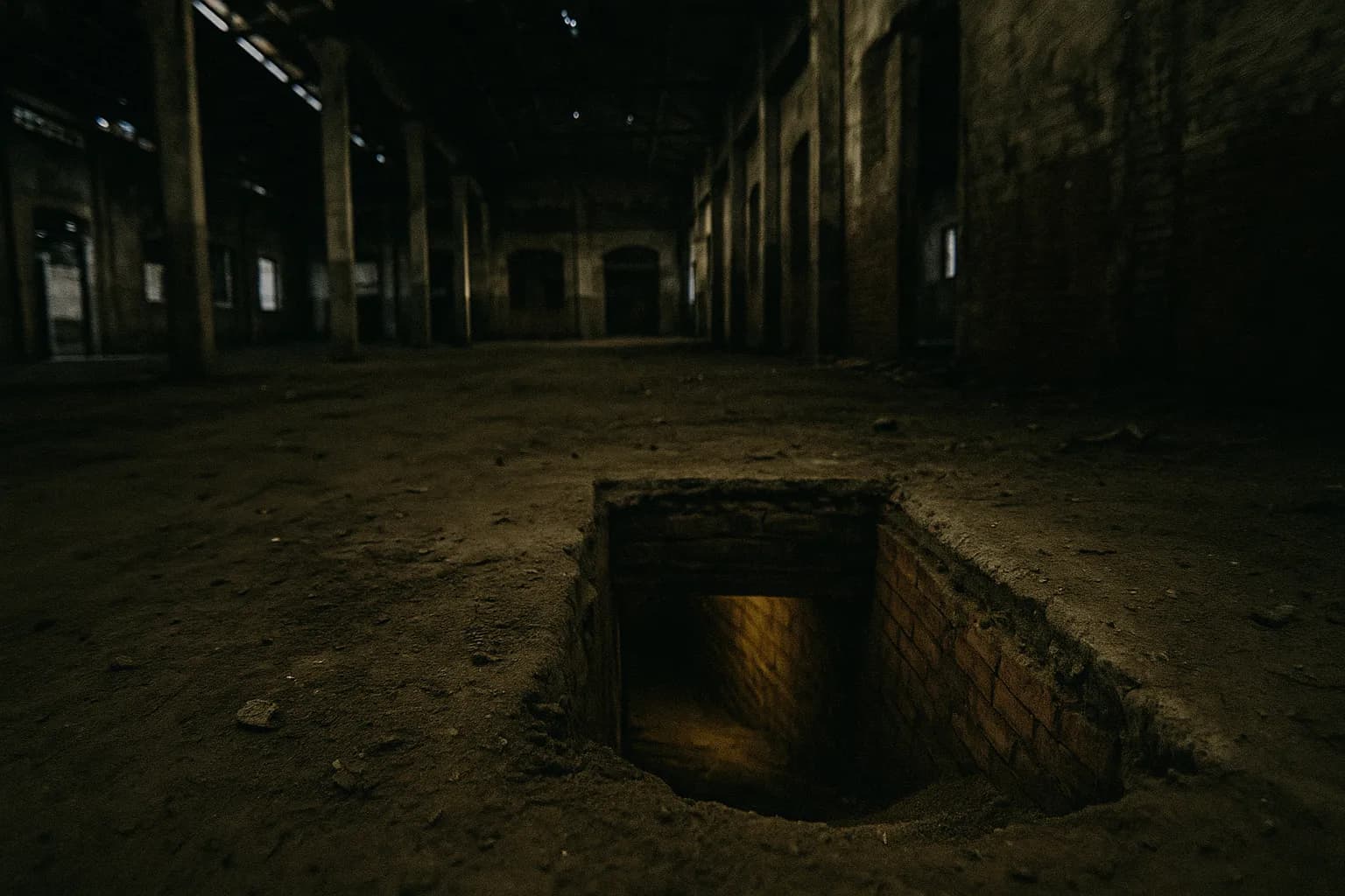En forladt fabrik i Fortaleza med en skjult indgang til en 80 meter tunnel, der blev brugt i 2005 Banco Central-kuppet, med jord spredt og svagt lys, der oplyser den underjordiske passage.