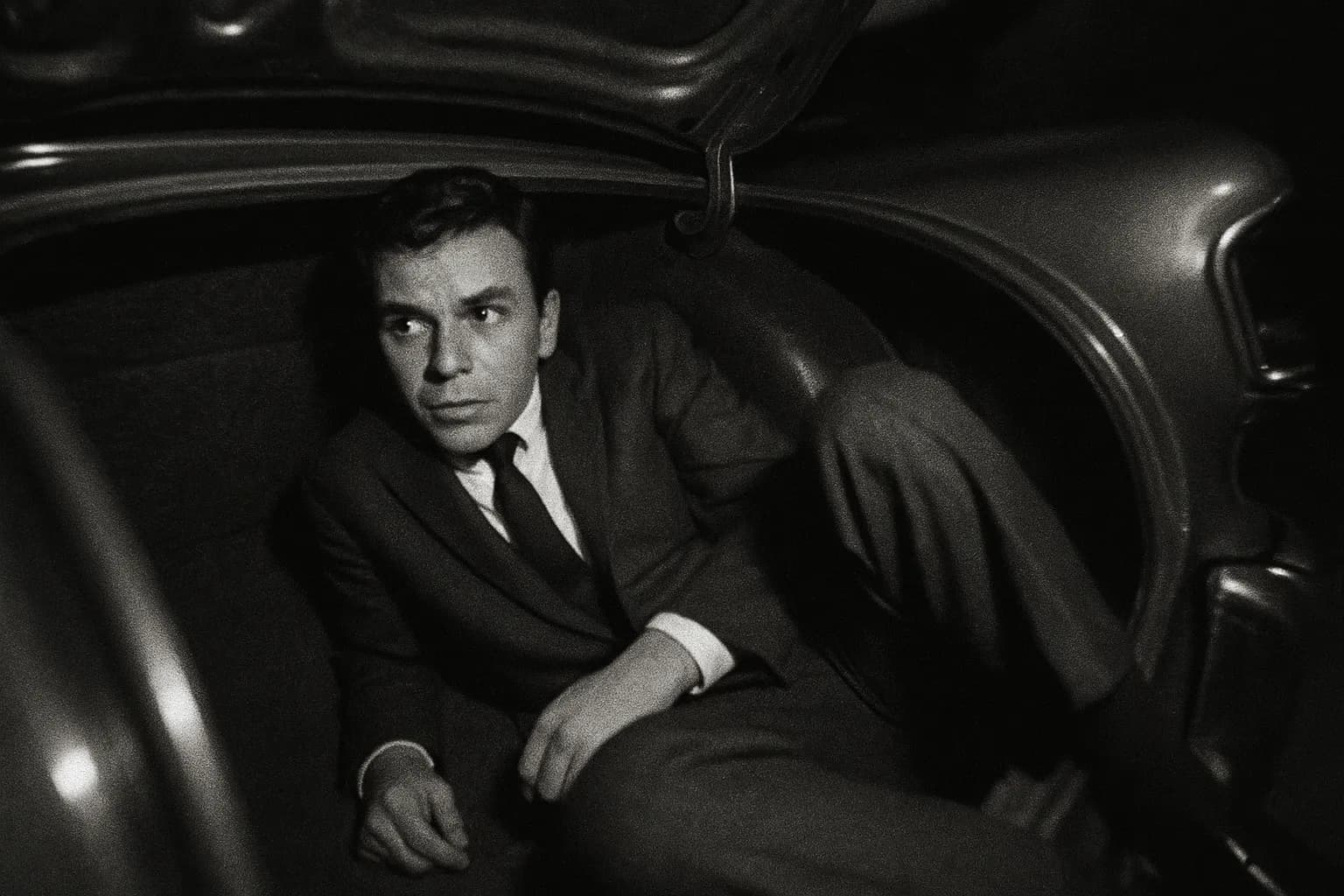 En skikkelse, der ligner en ung Frank Sinatra Jr., sidder i det dunkle indre af bagagerummet på en luksusbil, ser spændt og opmærksom ud og symboliserer hans kidnapningsdrama i 1963.