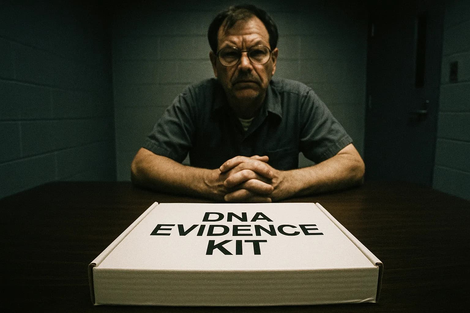 En skikkelse, der ligner Gary Ridgway, sidder ved et politiafhøringsbord, med et DNA-bevis sæt placeret prominent foran ham, symbolsk for gennembruddet, der førte til hans anholdelse som Green River Killer.