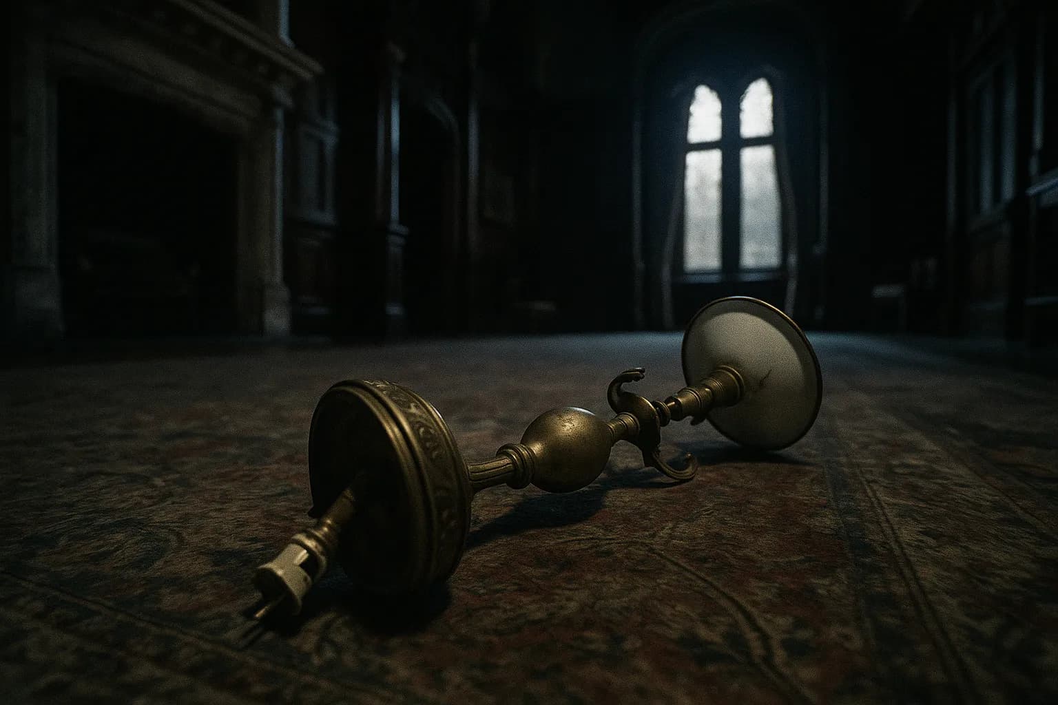 En ødelagt messinglampe ligger på gulvet i et storslået viktoriansk rum i Friar Park, som symboliserer Olivia Harrisons desperate forsvar under angrebet på George Harrison i 1999.