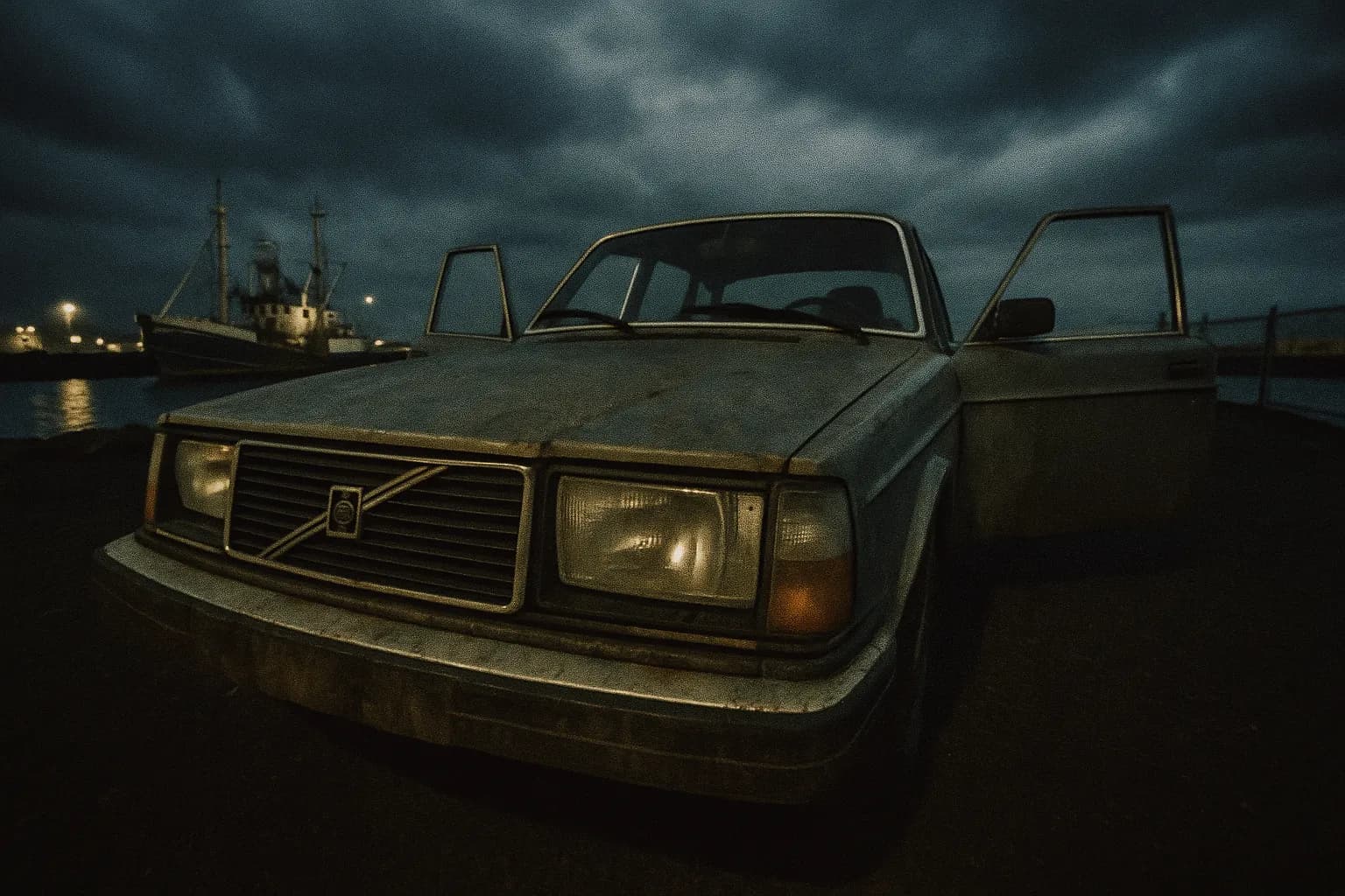 En forladt Volvo-bil står ved Keflavik havn, dens døre er let åbne, under den truende himmel i november 1974—et uhyggeligt spor i de uopklarede forsvindinger af Guðmundur og Geirfinnur.