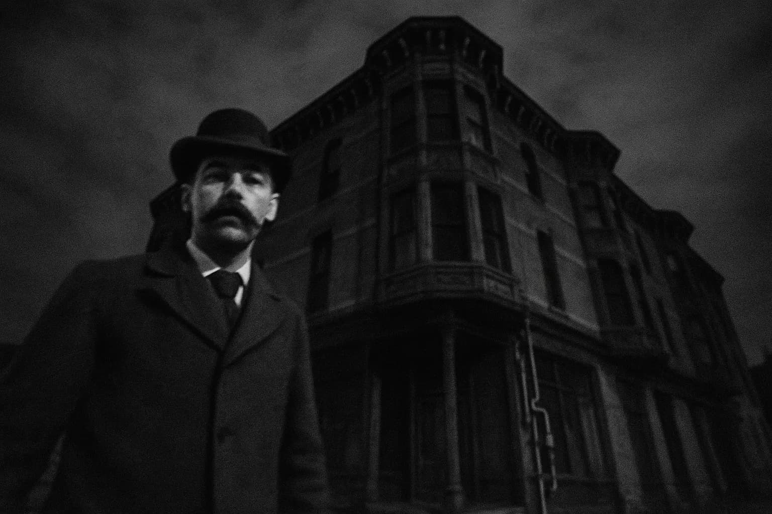 En skikkelse, der ligner H.H. Holmes, står nær det berygtede 'Murder Castle' i Chicago, hvis uhyggelige facade tårner op med skjulte faldlemme og gasrør, der indfanger den uhyggelige aura fra 1893’s verdensudstilling.