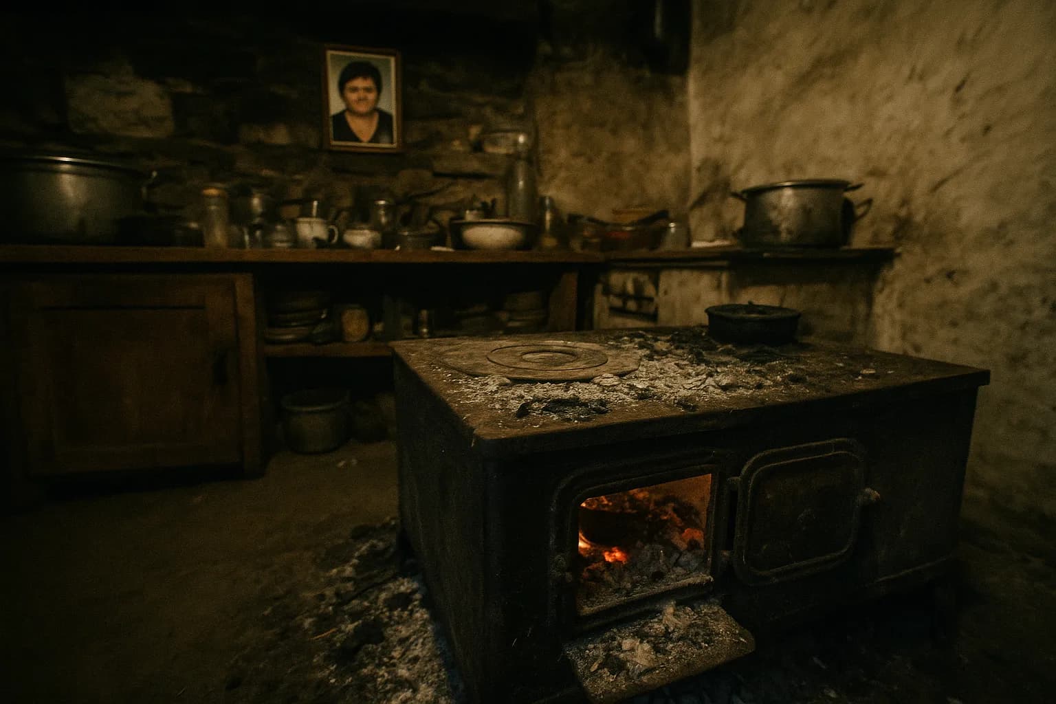 En rustik køkken med en gammel jernovn omgivet af aske og forkullede rester, hvilket antyder nylig brug. Et lille indrammet fotografi af Olga Dogaru hviler på en rodet hylde ovenover, muligvis antydende hendes forbindelse til scenen.
