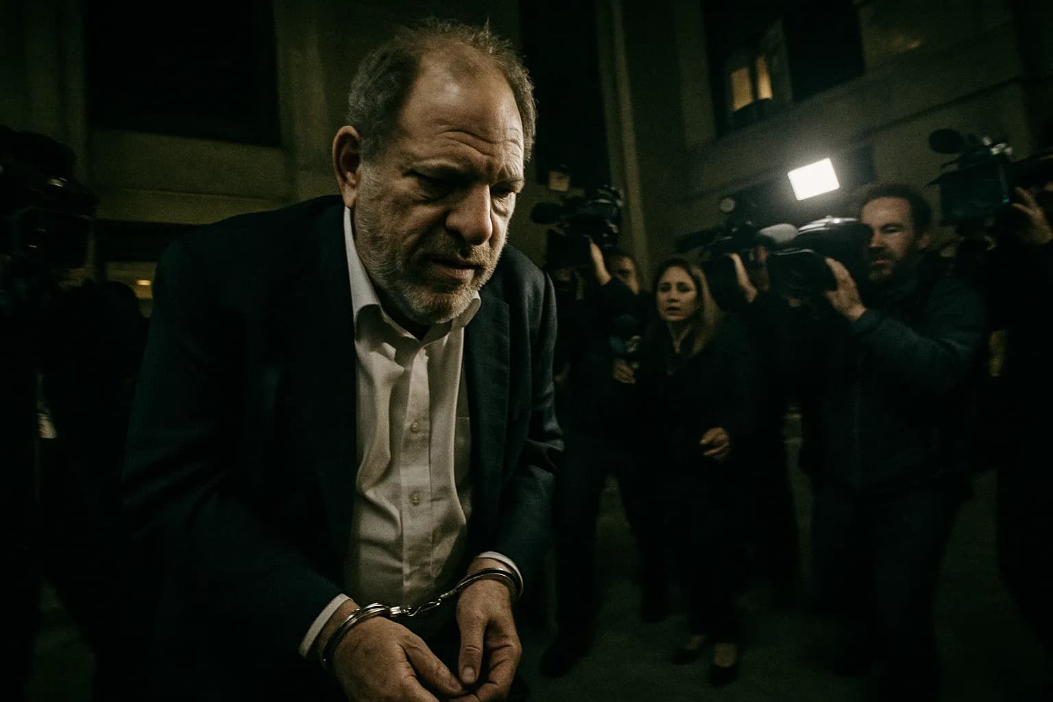 En skikkelse, der ligner Harvey Weinstein, pjusket og i håndjern, går forbi en skare af journalister og kameraer uden for en retsbygning, hvilket fanger et afgørende øjeblik i faldet af en fremtrædende Hollywood-mogul.