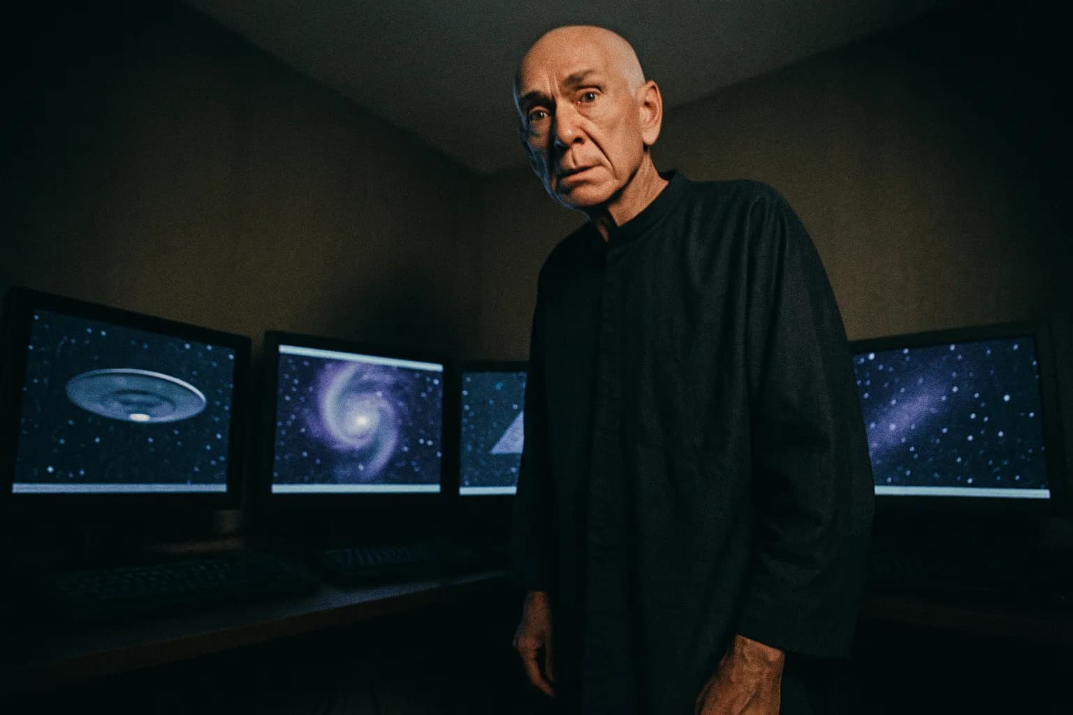 En skikkelse, der ligner Marshall Applewhite, står i et svagt oplyst rum, omgivet af computere, der viser Heaven's Gates digitale arvfiler, et symbol på hans vedvarende indflydelse over kultens online tilstedeværelse.