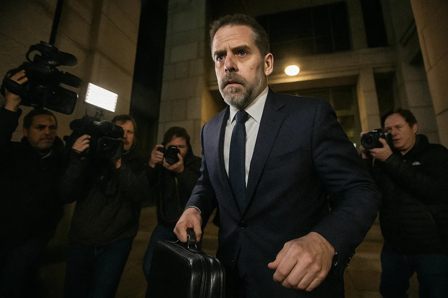 En skikkelse, der ligner Hunter Biden, forlader en føderal bygning i Delaware, omgivet af medierne, med en spændt ansigtsudtryk, synlige hænder, der holder en dokumentmappe.