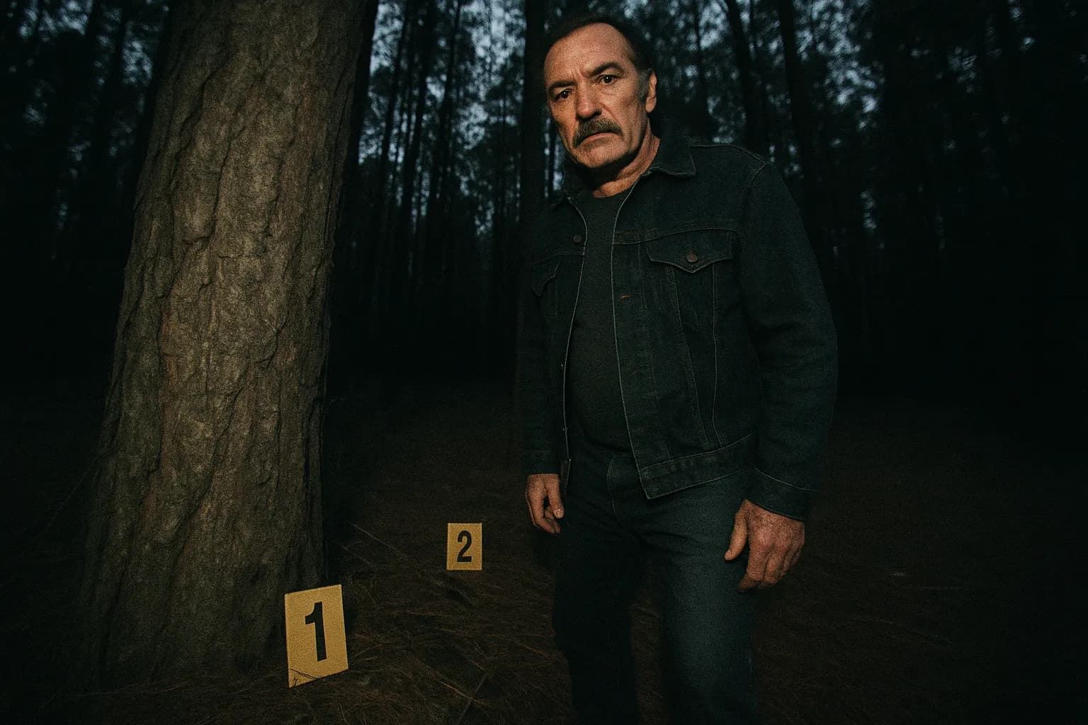 En figur, der ligner Ivan Milat, står ved siden af et træ med politiets retsmedicinske markører i Belanglo State Forest, et sted berygtet for rygsækmordene, der chokerede Australien.