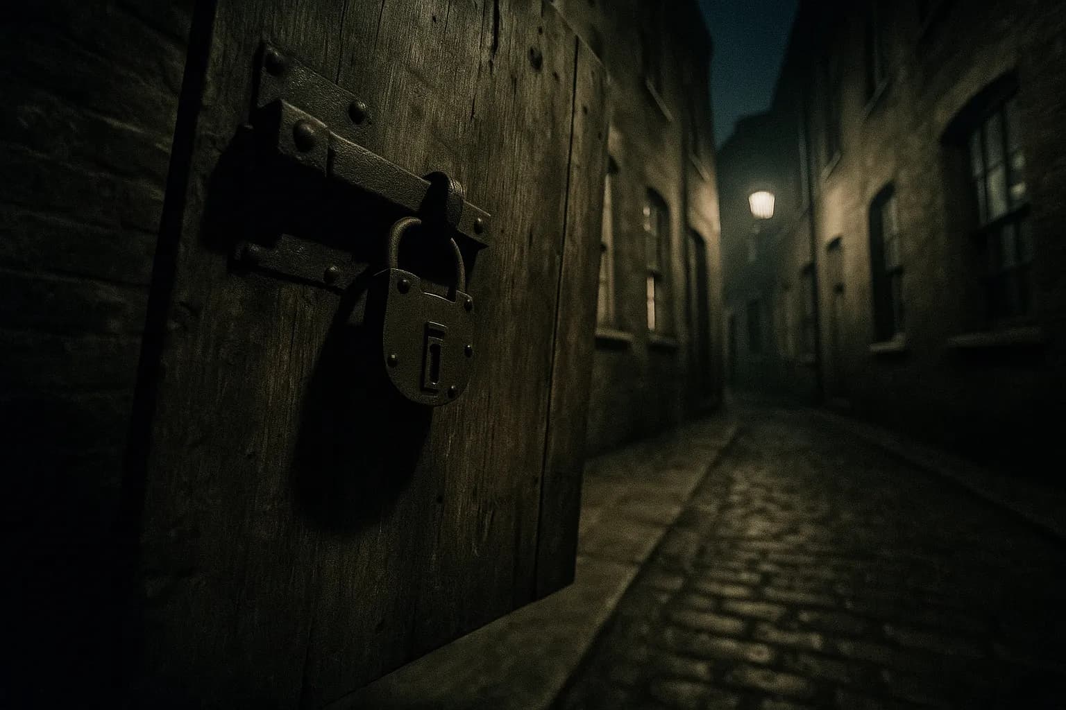 En trædør med en tung jernlås hænger på klem i en svagt oplyst gyde i det 18. århundredes London, hvilket symboliserer Jack Sheppards dristige flugter.