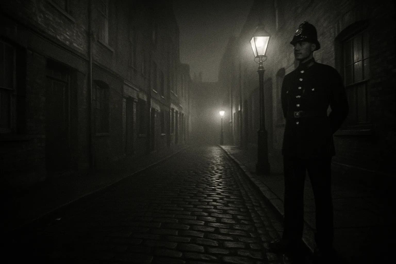 En tåget Whitechapel-gade i 1888, gaslamper kaster et uhyggeligt lys på brostenene, en konstabel fra viktoriansk tid holder vagt, hans tilstedeværelse står i kontrast til en hjemsøgelsesværdig tom gyde, hvor Jack the Ripper engang strejfede rundt.