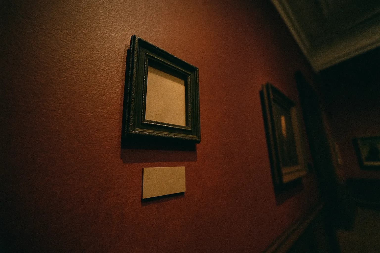 En lille, tom billedramme med en etiket for Rembrandts 'Jacob de Gheyn III' hænger på en væg i Dulwich Picture Gallery, hvilket markerer dens berygtede historie som verdens mest stjålne maleri.