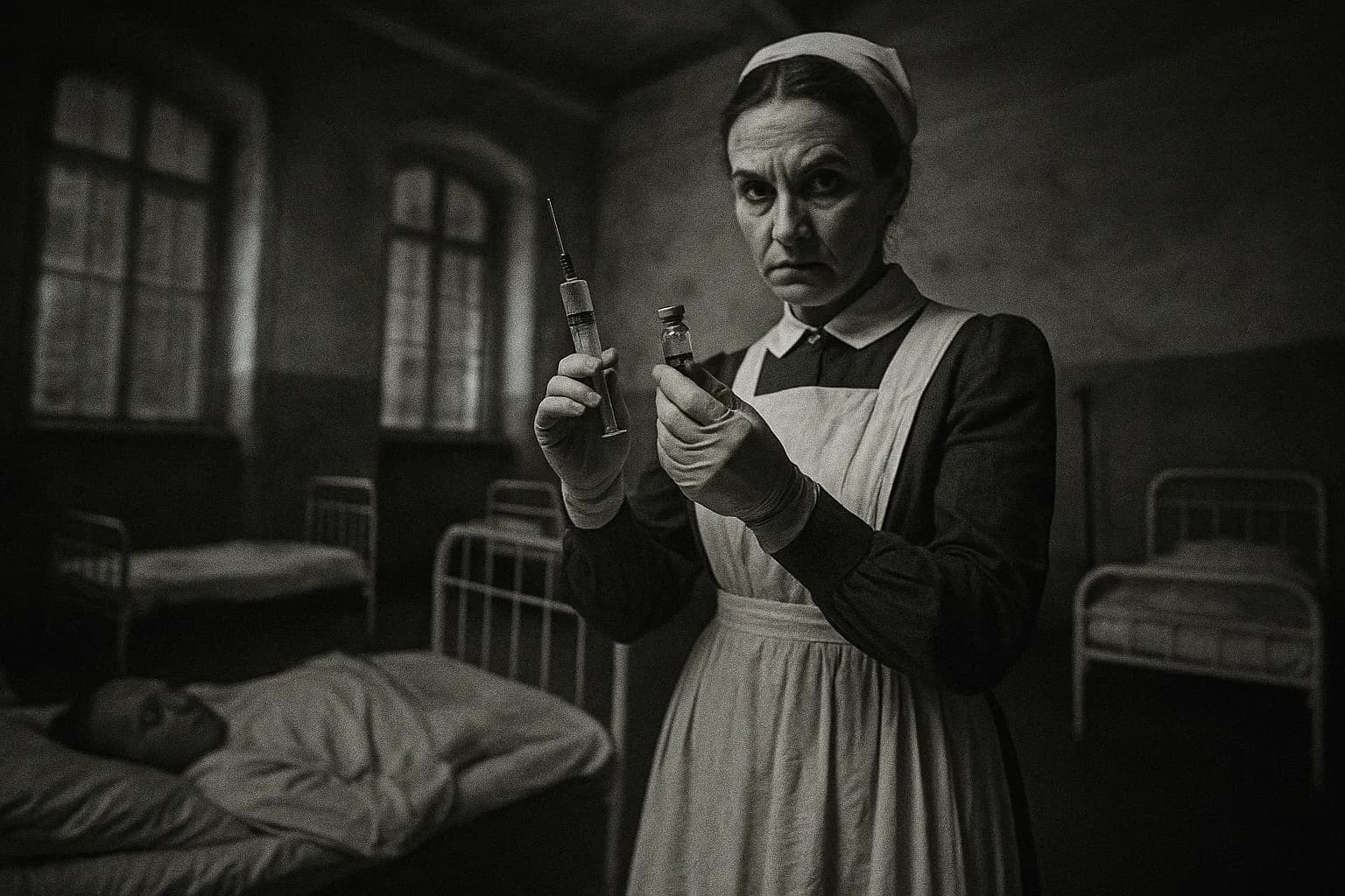 En skikkelse, der ligner Jane Toppan, står i en sygeplejeuniform ved siden af en hospitalsseng, holdende en ampul og en sprøjte, hendes udtryk maskerer en isnende blanding af empati og hensigt i en hospitalsindstilling fra det 19. århundrede.