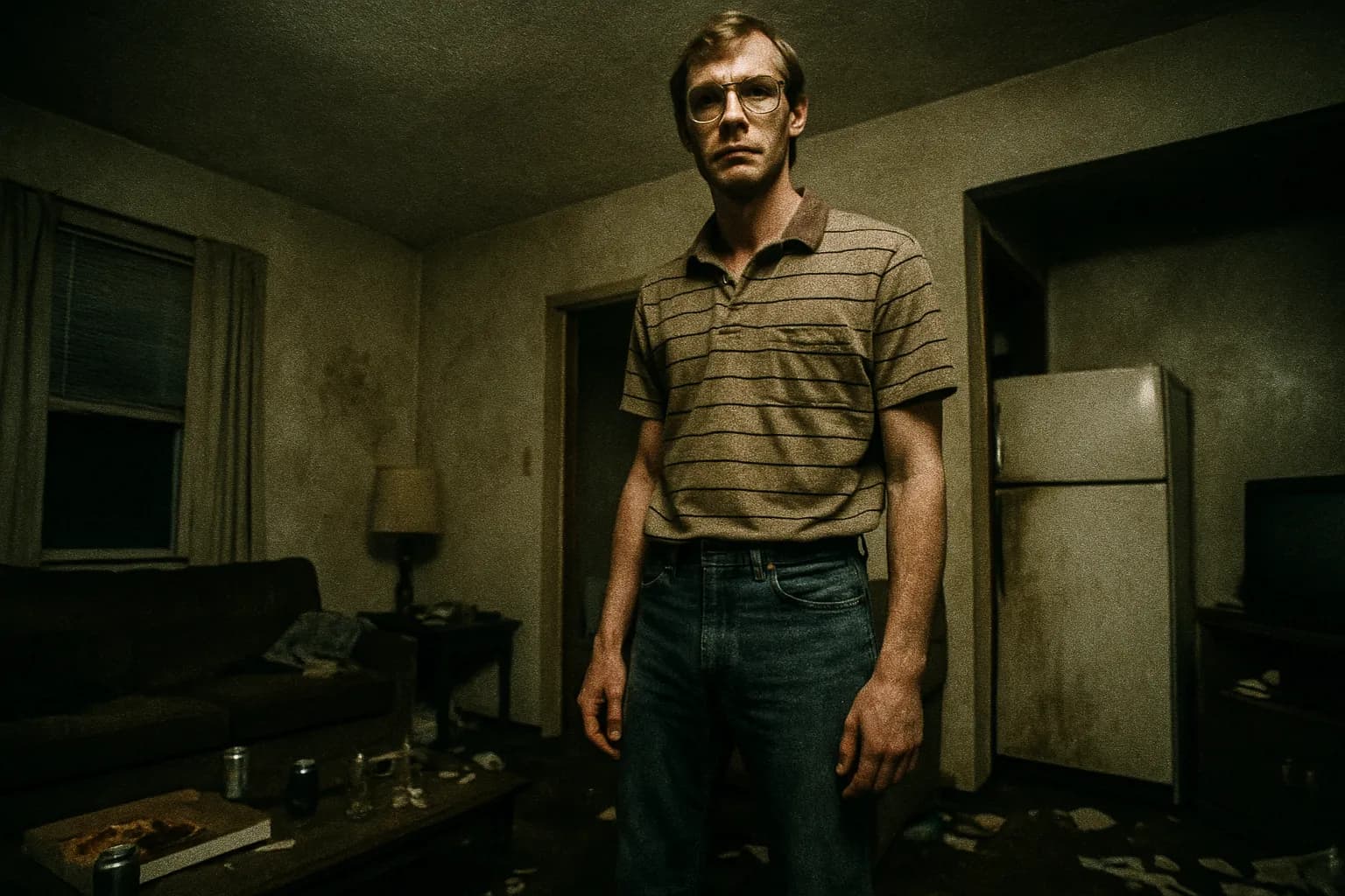 En skikkelse, der ligner Jeffrey Dahmer, står i stuen i hans lejlighed i Milwaukee, med et snavset, rodet interiør og et uhyggeligt udseende køleskab i hjørnet.
