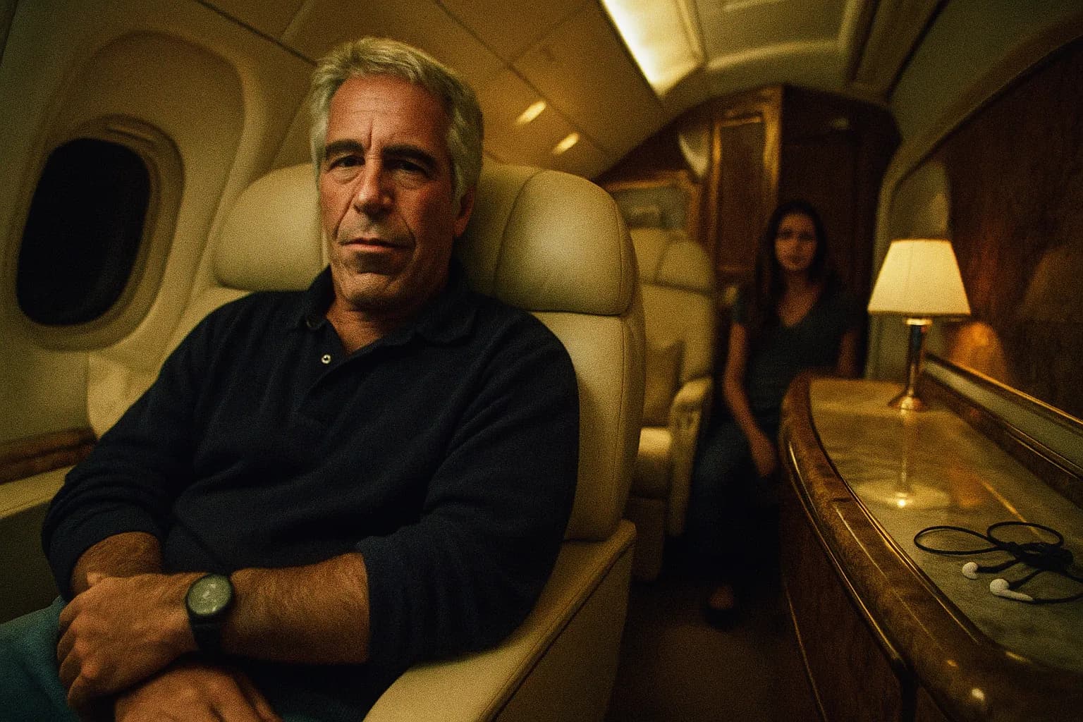 En person, der ligner Jeffrey Epstein, sidder i et førsteklasses flysæde, omgivet af luksus og overdådighed, med en sløret skikkelse af en ung kvinde, der lige kan ses i baggrunden.