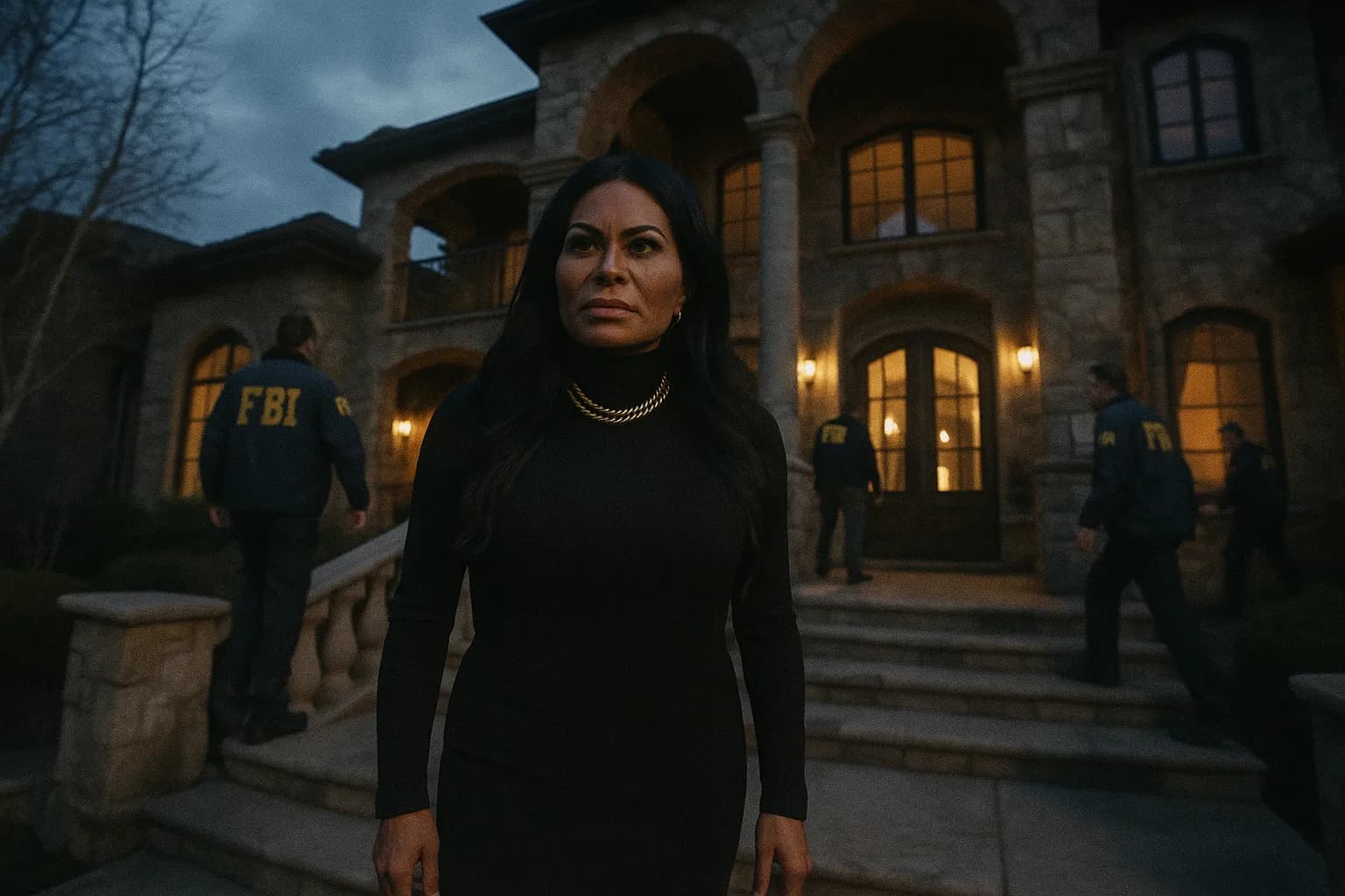 En figur, der ligner Jen Shah, står på trappen til en luksusvilla i Utah, mens FBI-agenter i mørke jakker med synlige skilte undersøger stedet.