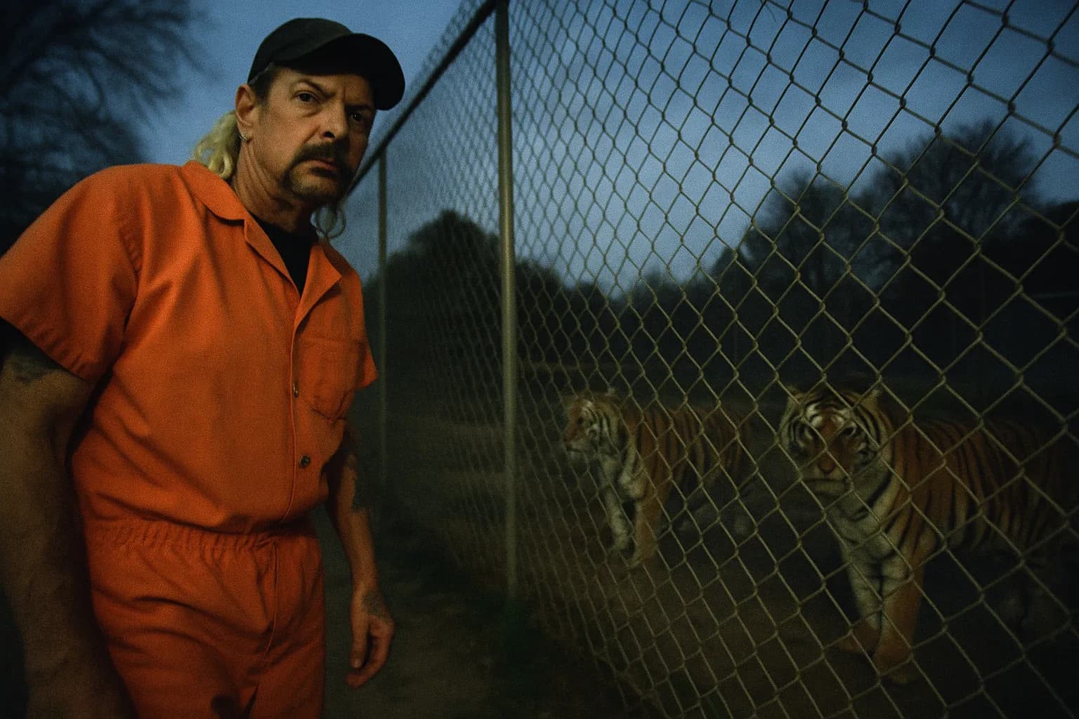 En person, der ligner Joe Exotic, iført en orange fængselsdragt, står ved siden af et trådhegn med tigre i baggrunden, hvilket fremkalder temaer om fangenskab og udnyttelse af dyr i *Tiger King*-sagen.
