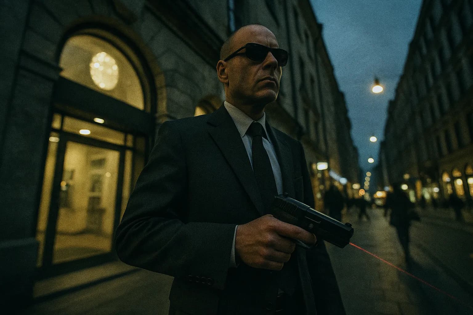 En person, der ligner John Ausonius, står uden for en bank i Sverige iført en jakkesæt og solbriller, diskret holdende en pistol med lasersigte, udstrålende en følelse af rolig beslutsomhed midt i de travle gader.