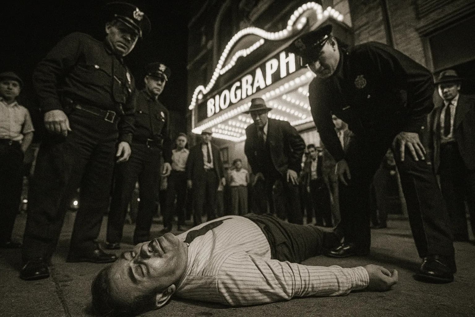En person, der ligner John Dillinger, ligger på fortovet uden for Biograph Theater i Chicago, omgivet af politifolk og nysgerrige tilskuere.