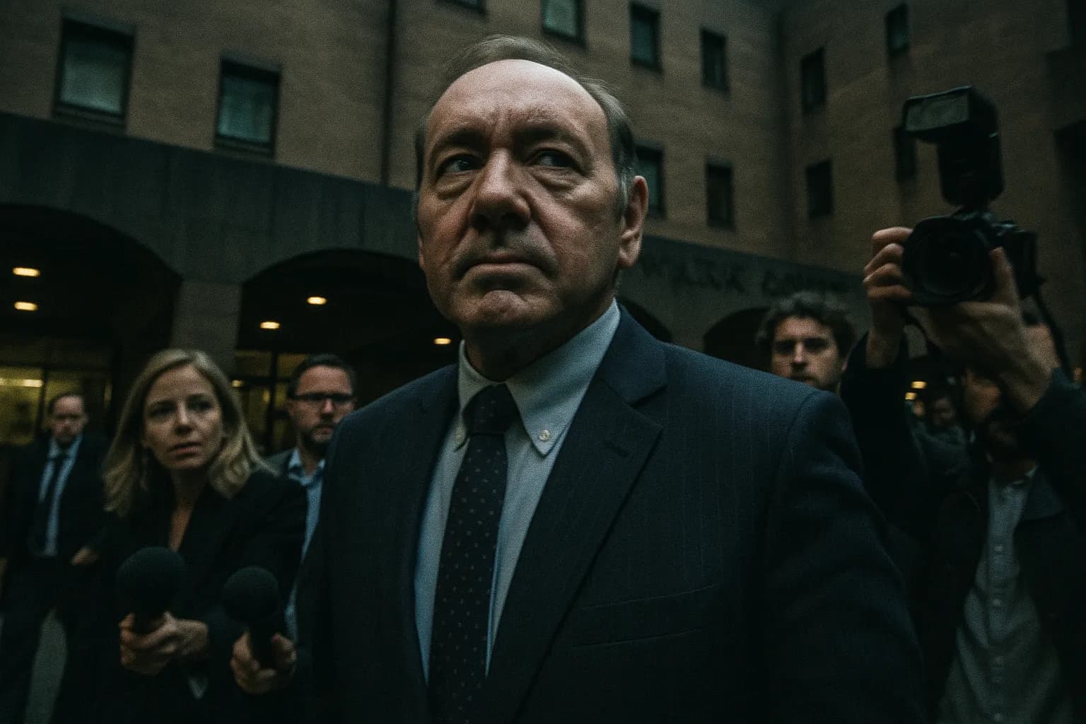 En person, der ligner Kevin Spacey, står udenfor Southwark Crown Court, omgivet af journalister og tilskuere, mens han forlader stedet efter sin frifindelse, med et udtryk af lettelse og eftertænksomhed i ansigtet