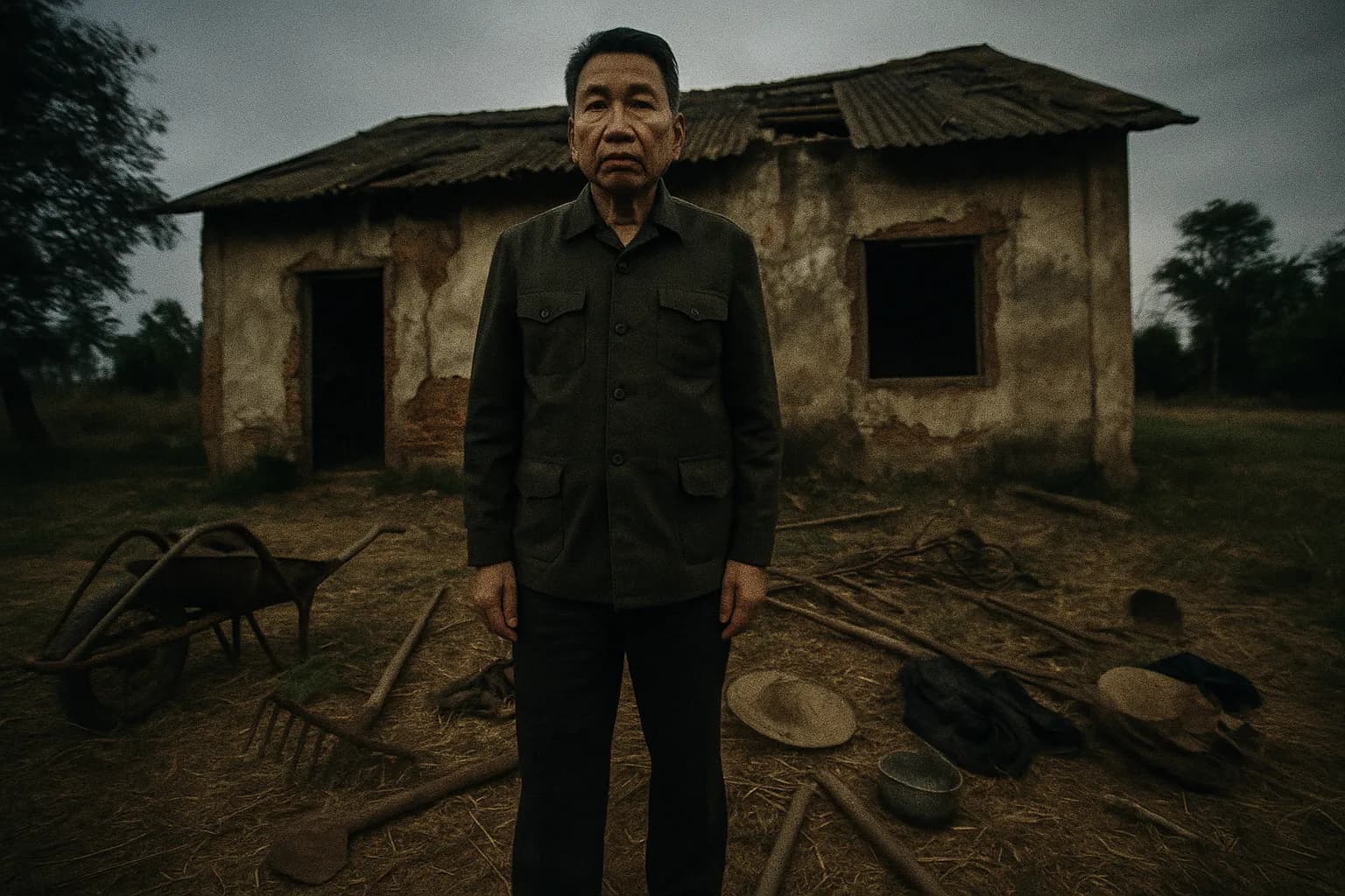 En skikkelse, der ligner Pol Pot, står foran en forfalden bygning i det rurale Cambodja, omgivet af efterladenskaber fra tvangsarbejdsparaphernalia som rustne landbrugsredskaber og forladte personlige ejendele, der symboliserer De Røde Khmerers undertrykkende regime.