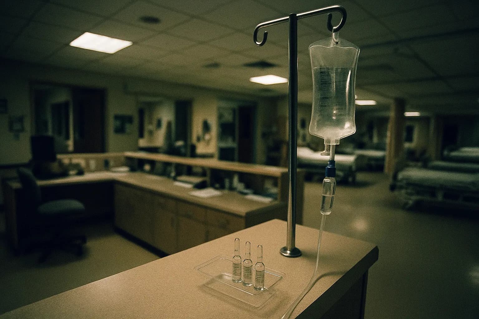 En hospitalsafdeling på VAMC Northampton, en intravenøs drop-pose med synlige adrenalinampuller ved siden af en sygeplejerskestation, der symboliserer Kristen Gilberts handlinger.