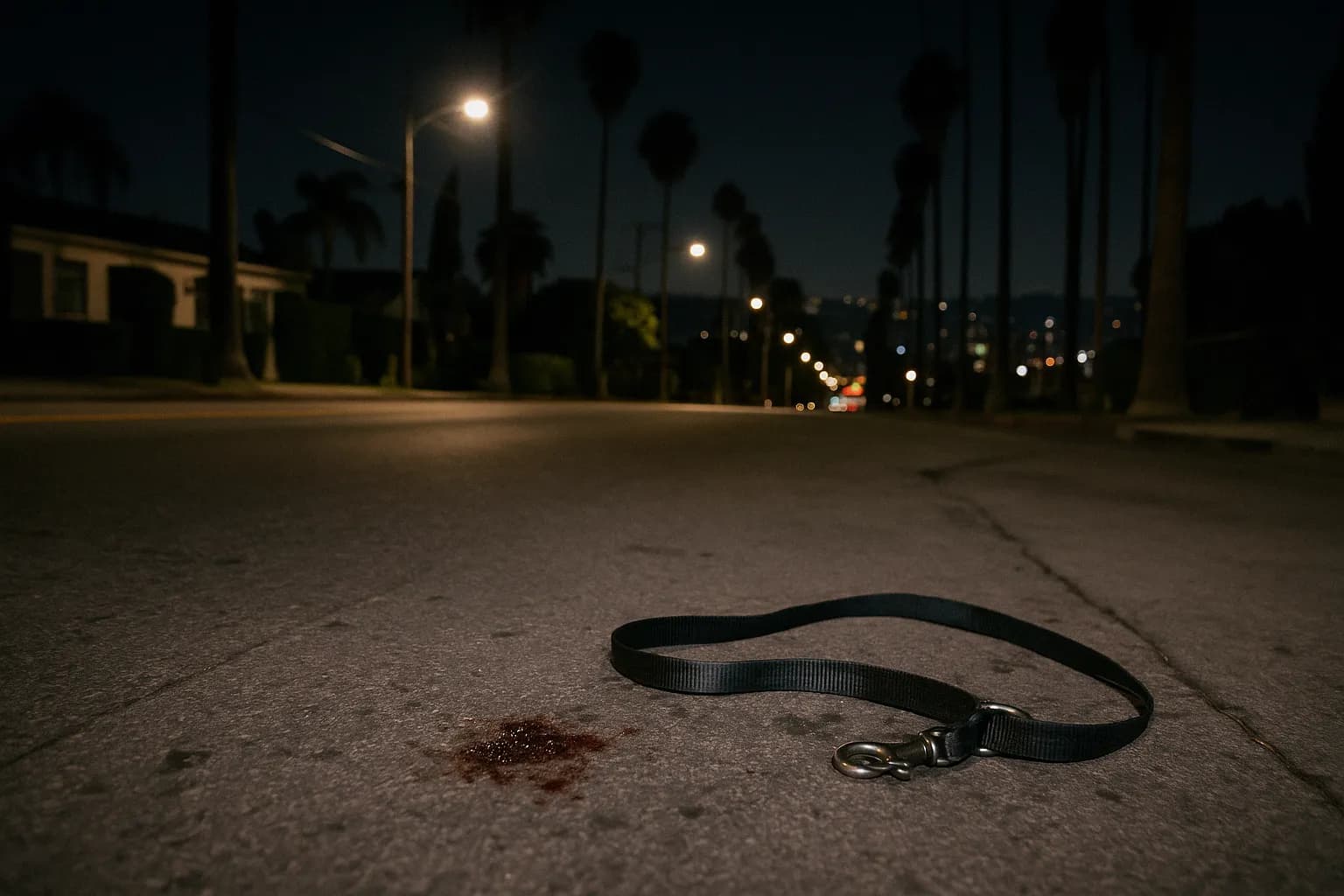 En stille gade i Hollywood om natten, med en snor liggende på jorden nær stedet, hvor Lady Gagas hundelufter blev skudt, med en lille mængde blod på fortovet, og byens lys i baggrunden.