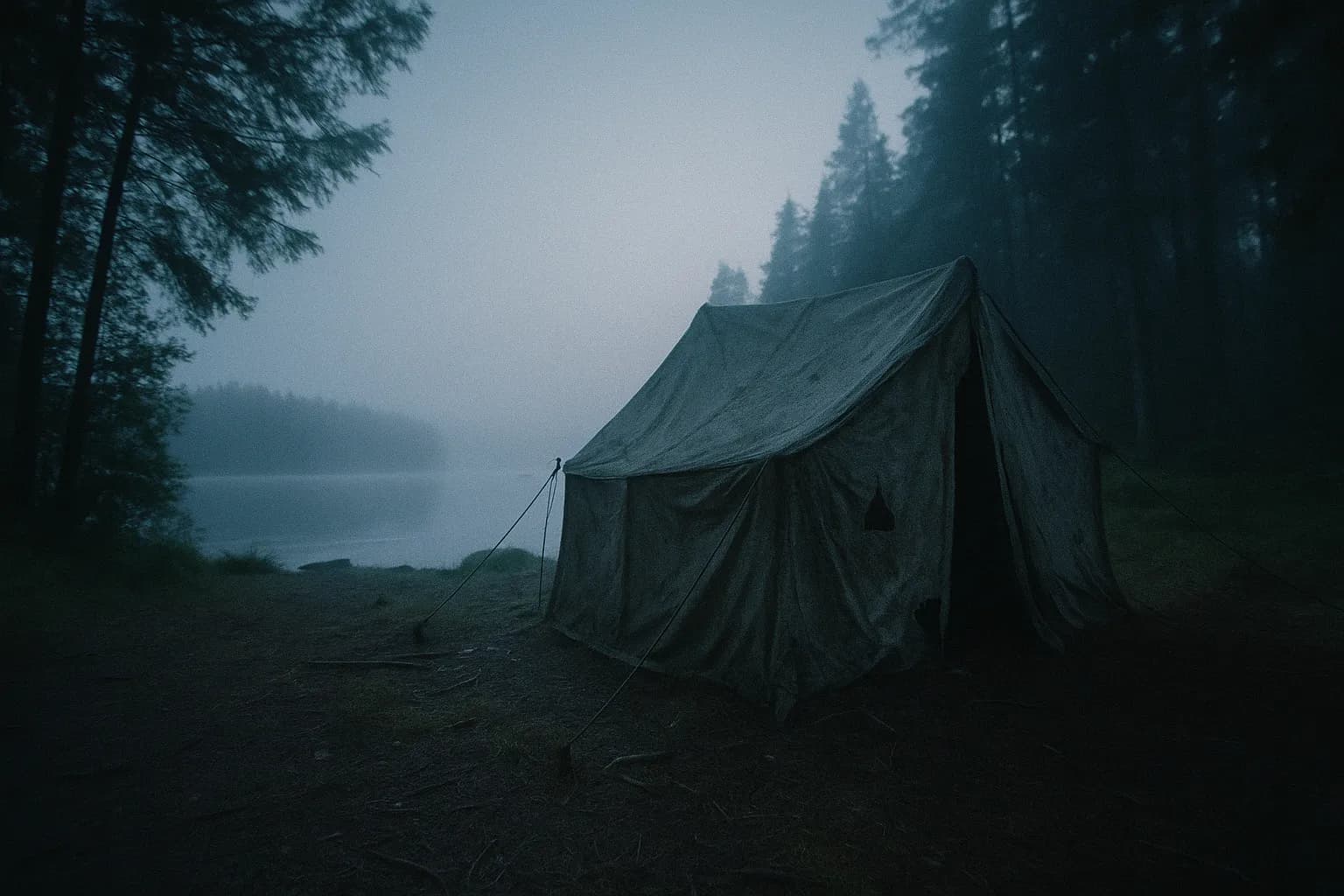 En tåget udsigt over Bodom-søen med et tomt telt på campingpladsen, dets lærred slidt af vejret og revet, omgivet af tæt skov, der antyder ufortalte historier og en uhyggelig mystik.