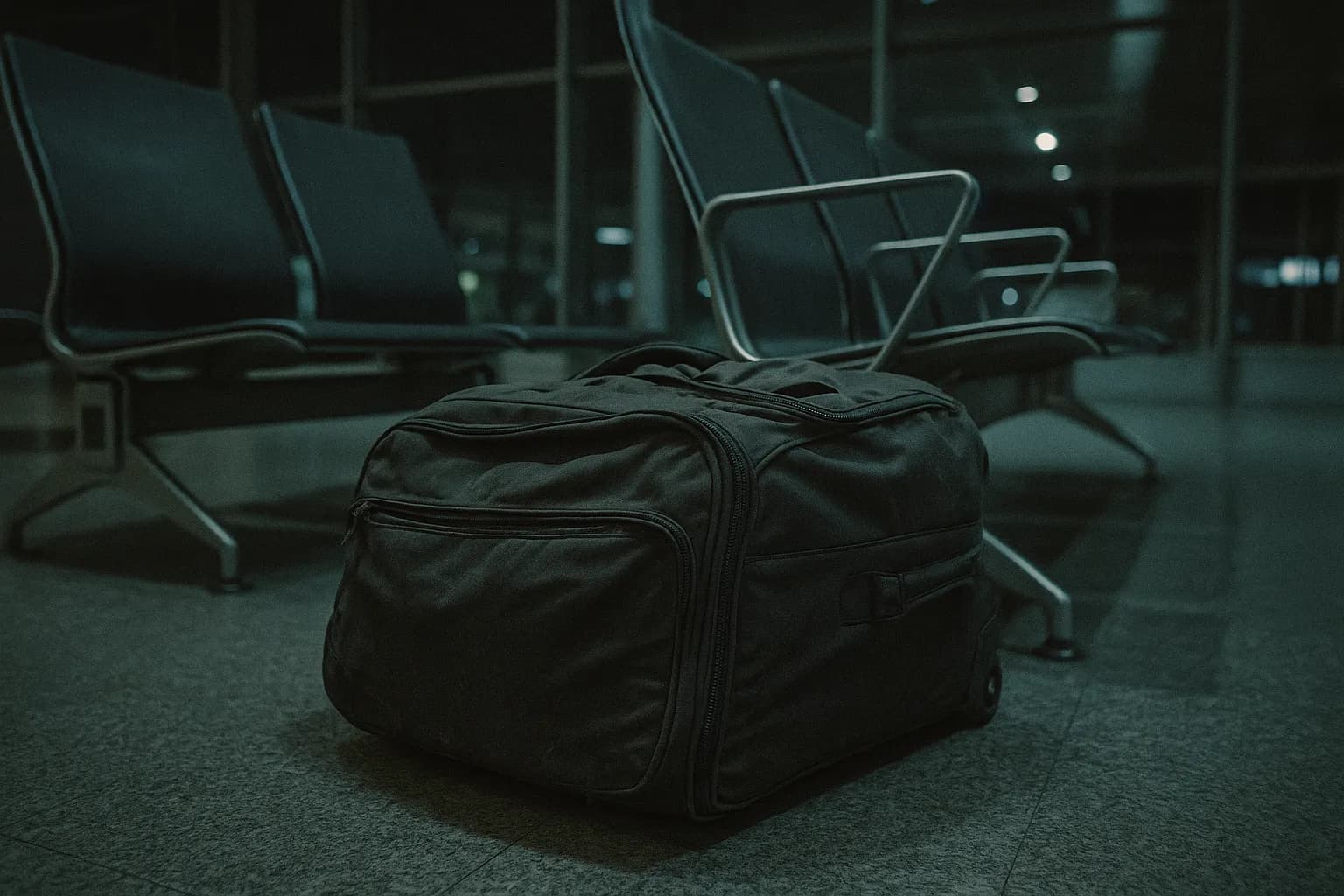 En pjusket kuffert ligger forladt ved siden af en række lufthavnsstole i Varna Lufthavn og symboliserer Lars Mittanks mystiske forsvinden.