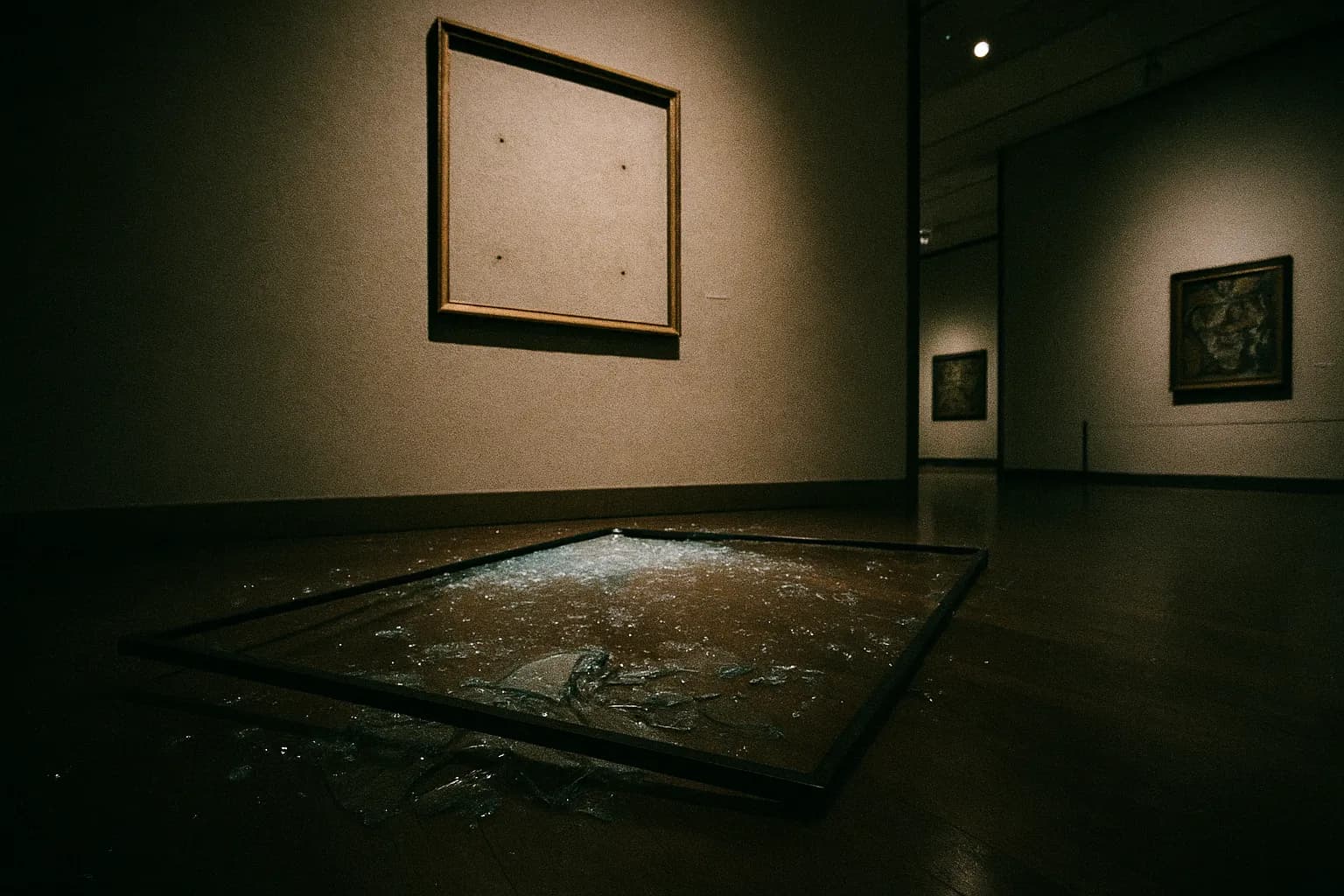 En ødelagt museumsmonter inde i Musée d'Art Moderne, dens beskyttelsesglas spredt på gulvet, indrammer det tomme sted, hvor Picassos *Le Pigeon aux Petits Pois* engang hang.