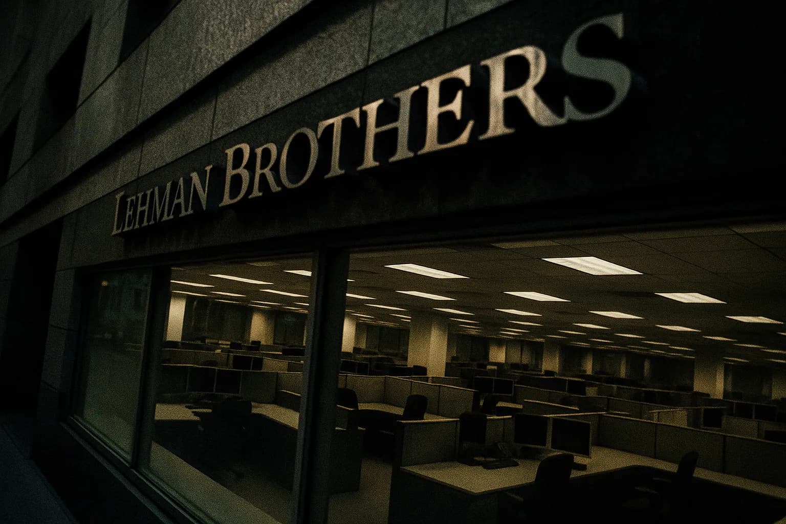 Et Wall Street-kontor med et fremtrædende Lehman Brothers-skilt, tomme skriveborde synlige gennem glas, der symboliserer den massive konkurs og dens rolle i finanskrisen i 2008