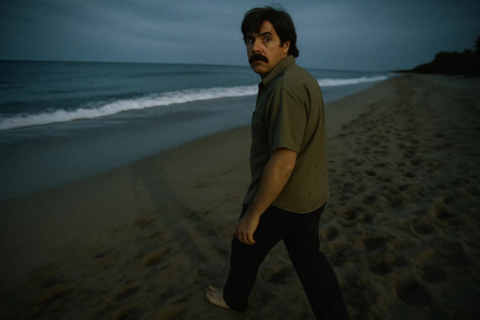 En skikkelse, der ligner David Ghantt, går alene på en mexicansk strand og kigger over skulderen, havet møder horisonten bag ham og symboliserer hans flugt efter Loomis Fargo-røveriet.