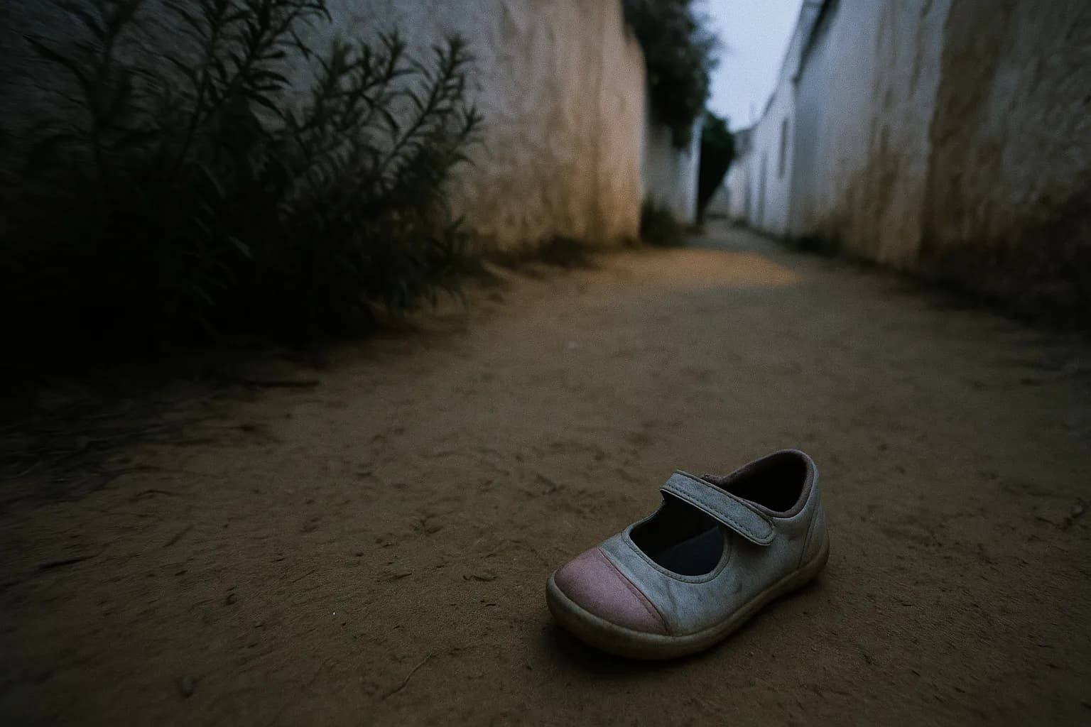 Et barns sko ligger efterladt i den sandede gyde i Praia da Luz, Portugal, med nærliggende buskads der rasler blidt i kystbrisen, hvilket fremkalder mysteriet om Madeleine McCanns forsvinden i 2007.