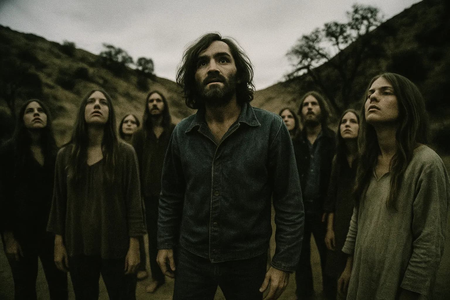 En skikkelse, der ligner Charles Manson, står ved Spahn Ranch i 1968, omgivet af tilhængere. Støvede bakker og pletvise træer skaber en baggrund. Gruppen ser fortryllede ud, hvilket antyder manipulation og kontrol.