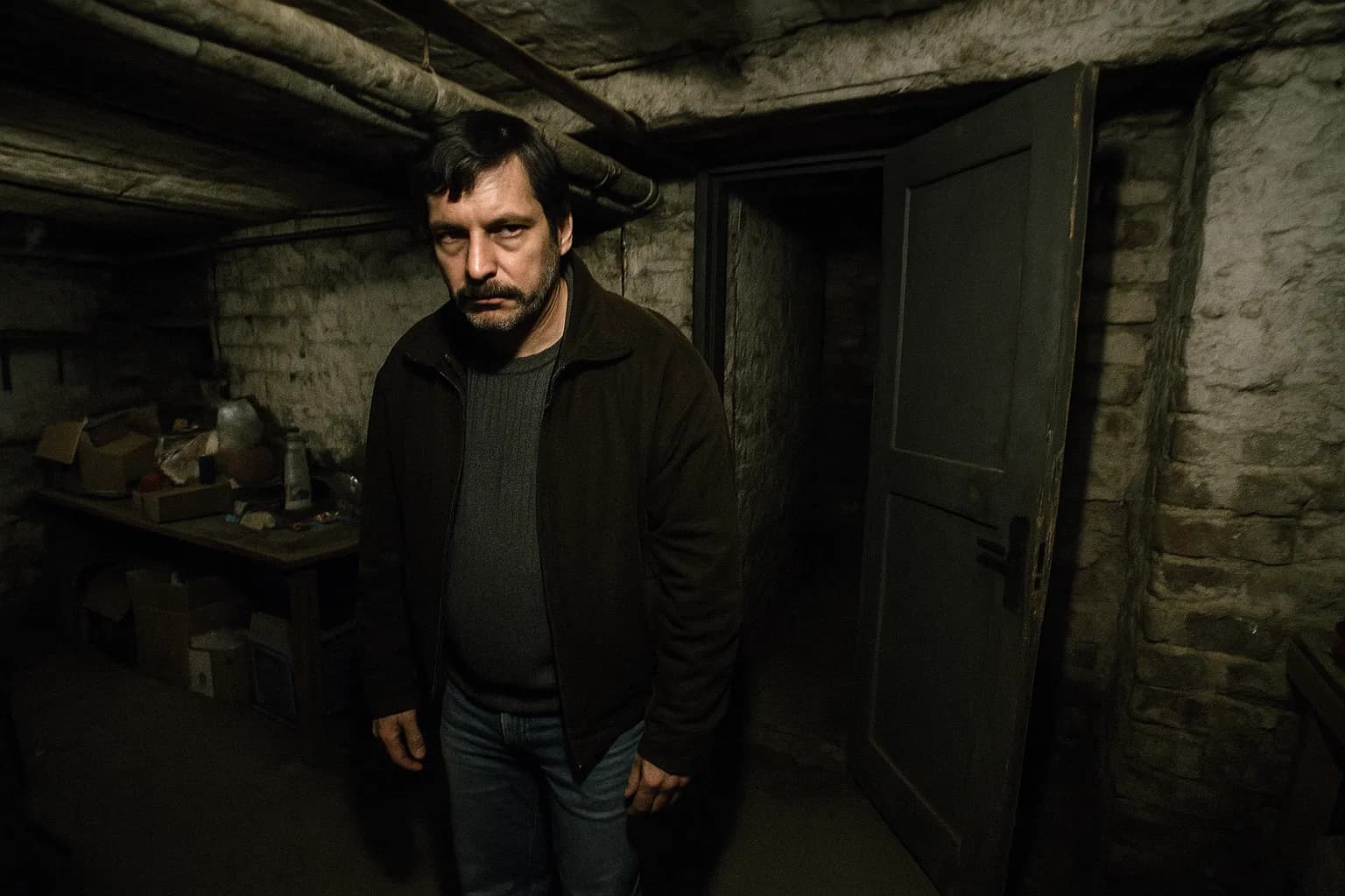 En skikkelse, der ligner Marc Dutroux, står i et svagt oplyst, rodet kælderrum i Sars-la-Buissière, med en skjult dør på klem, der afslører en smal gang bagved.