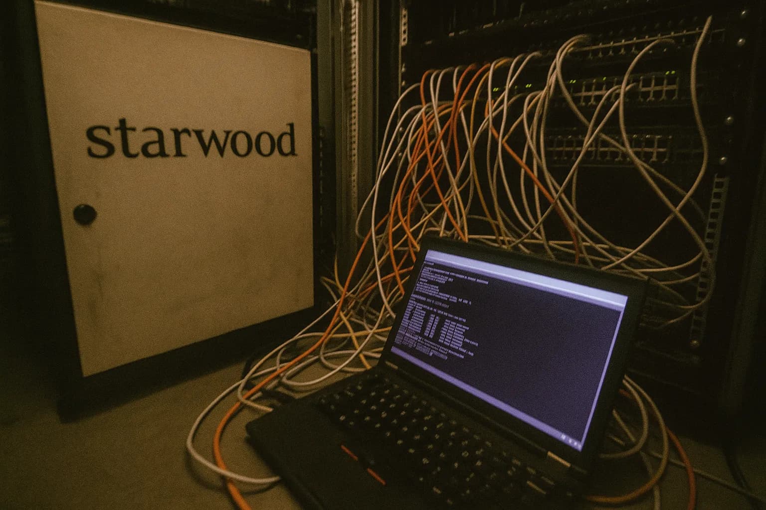 Et Starwood-mærket serverrum med sammenfiltrede Ethernet-kabler og en bærbar computer, der viser en web shell-grænseflade, som symboliserer sårbarheden udnyttet i Marriotts databrud, der berørte 500 millioner gæster.