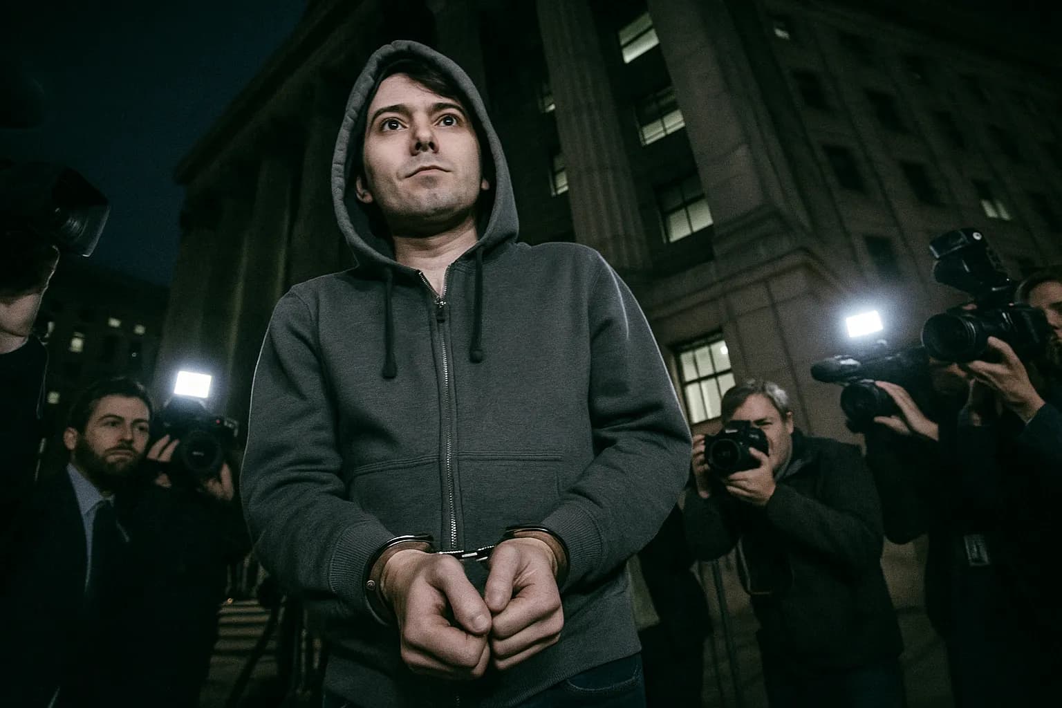 En skikkelse, der ligner Martin Shkreli, iført en hættetrøje og håndjern, står trodsigt uden for en føderal bygning i Manhattan, omgivet af blitzende kameraer og journalister, der fanger det berygtede 'Pharma Bro'-øjeblik.