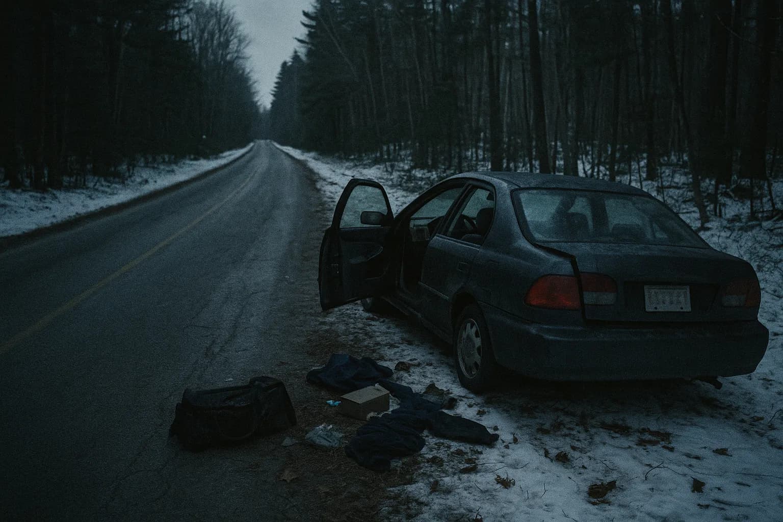 En øde vej strækker sig gennem en sneklædt skov i New Hampshire, med en forladt, beskadiget bil med Massachusetts-plader ved vejkanten, døre på klem, omgivet af spredte personlige ejendele i det svindende vinterlys.