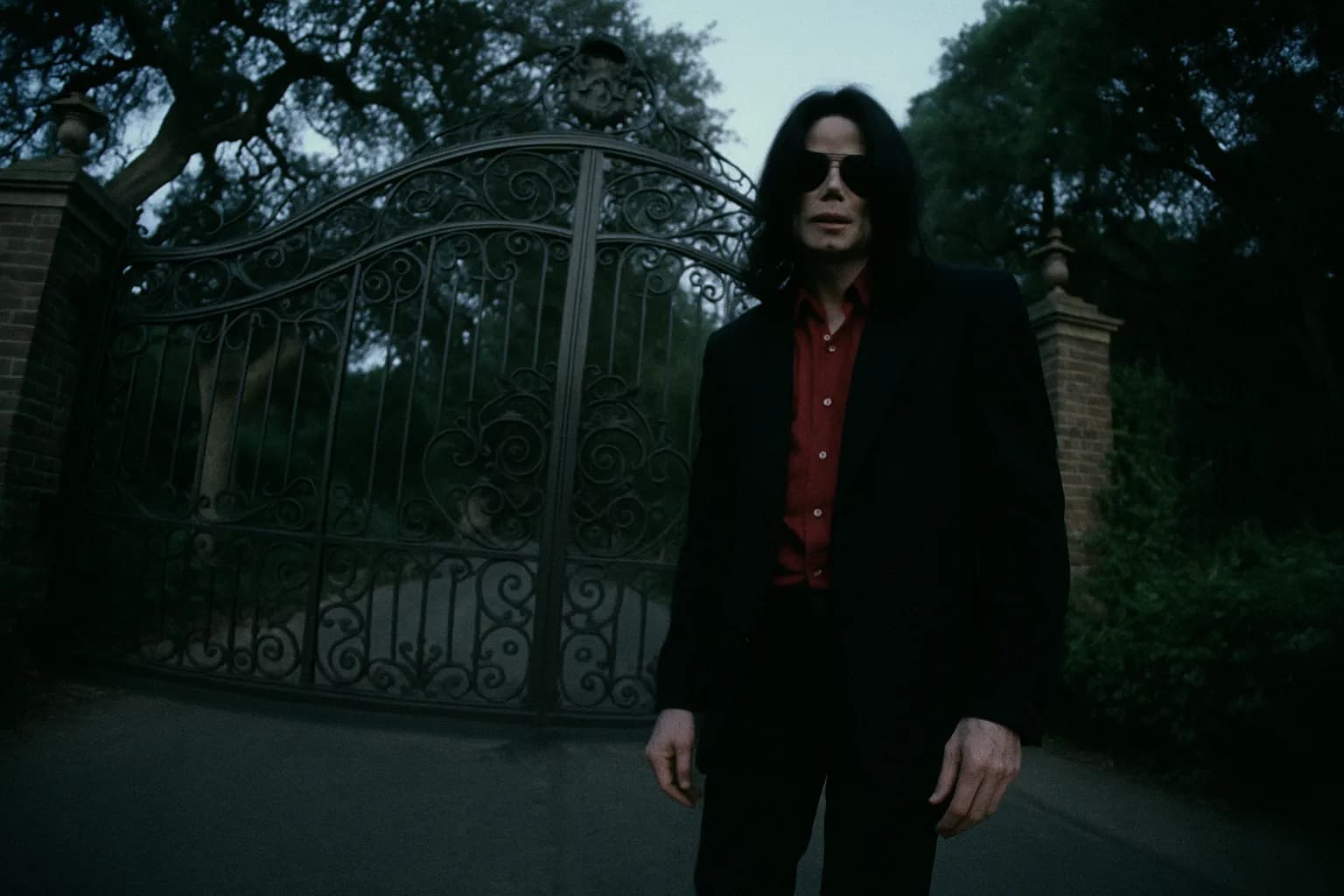 En skikkelse, der ligner Michael Jackson, står ved portene til Neverland Ranch, et sted centralt for retssagen i 2005, omgivet af den udsmykkede smedejern og frodig grønne områder af ejendommen.