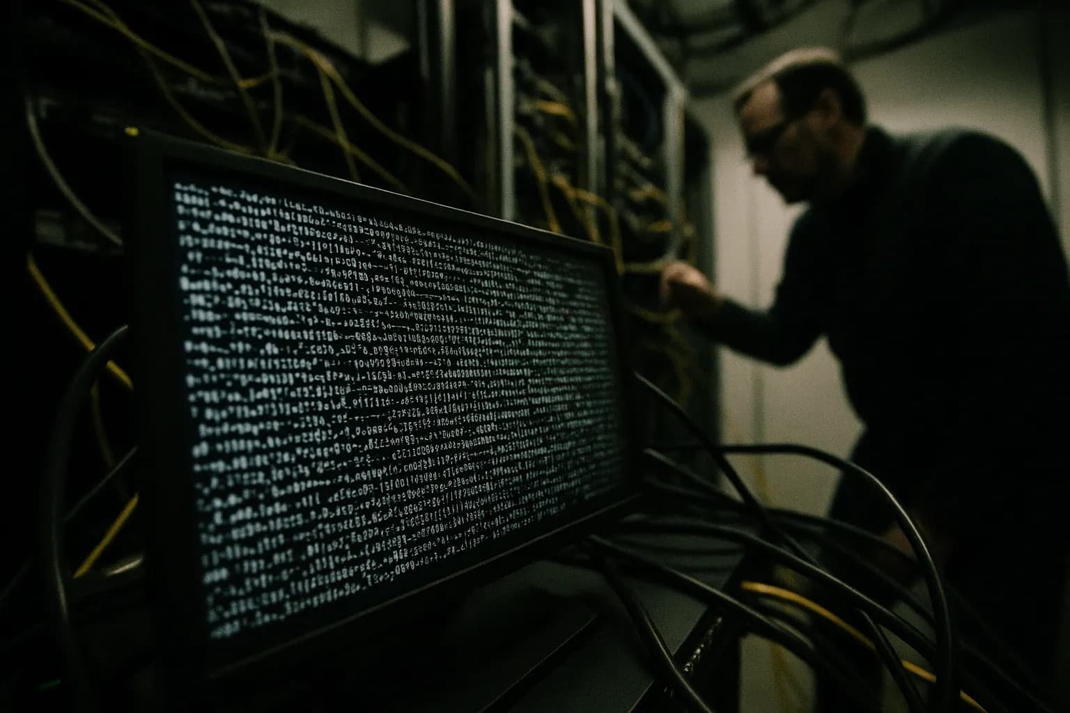 En kompromitteret Microsoft Exchange-server viser en terminalskærm fyldt med kryptisk kode, kabler, der snor sig ud, mens en tekniker i baggrunden undersøger opsætningen, hvilket symboliserer den udbredte indflydelse af Hafnium-cyberangrebet i 2021.
