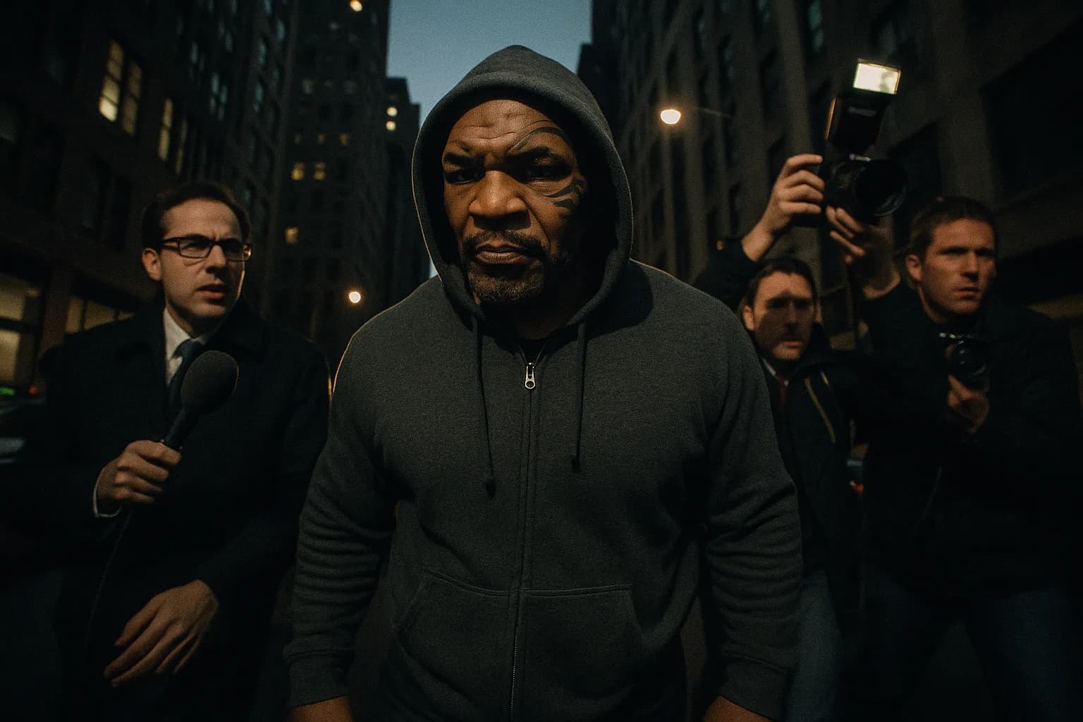En skikkelse, der ligner Mike Tyson, går gennem en gade i New York iført en mørk hættetrøje, flankeret af journalister og fotografer, med kameraer i hænderne, der indfanger den intense atmosfære omkring ham blandt de nye anklager i 2023.