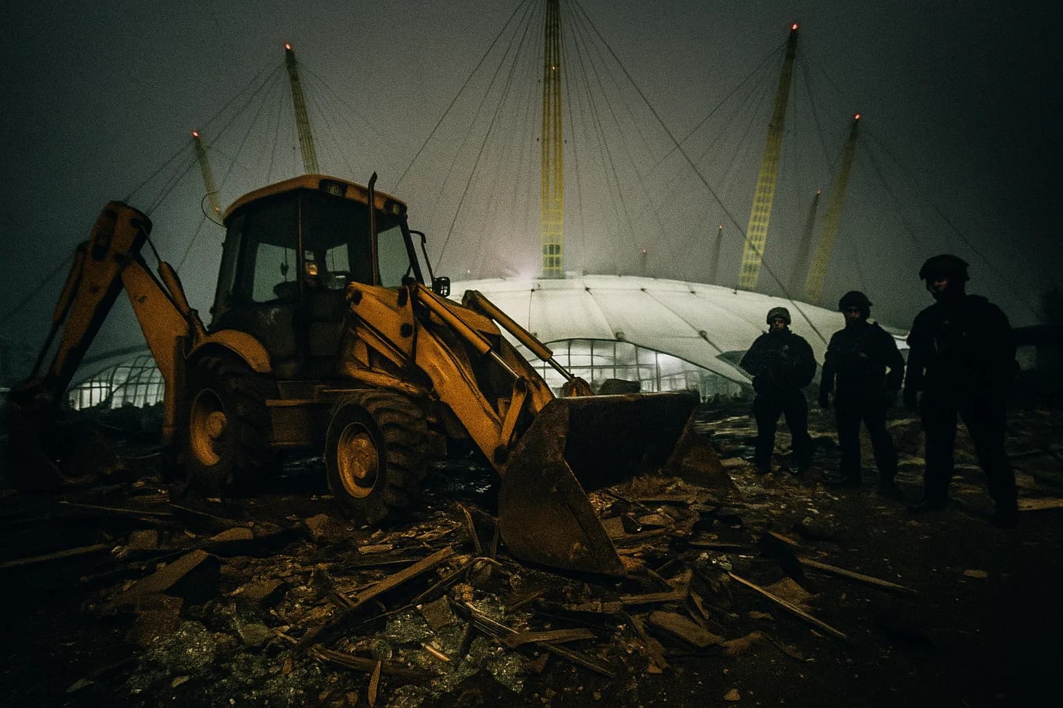 En JCB-graver hviler uden for Millennium Dome, omgivet af bunker af affald og knust glas, mens politibetjente i taktisk udstyr står i nærheden, bevis på det forpurrede diamantkup til £200m.